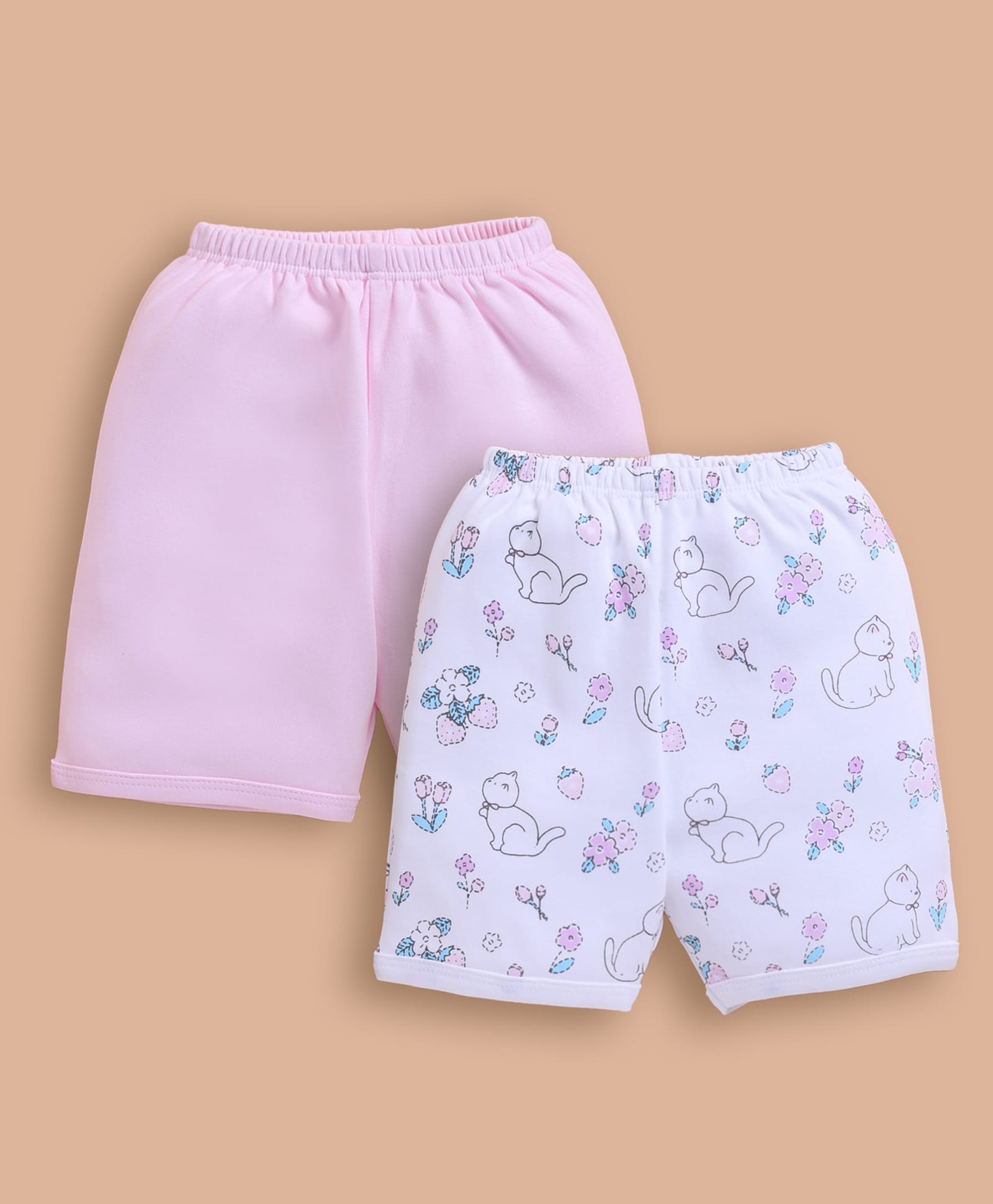 Wonderchild Pack Of 2 Solid & Kitten Printed Shorts - Pink & White-image-14