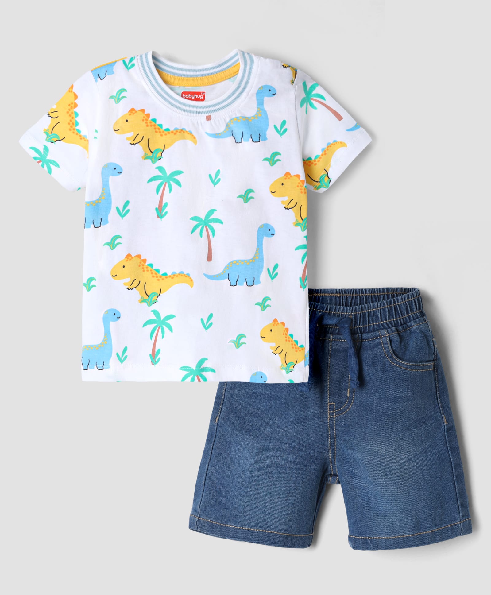Babyhug Single Jersey Knit Denim Half Sleeves T-Shirt & Shorts With Dino Print - White & Light Blue-image-42