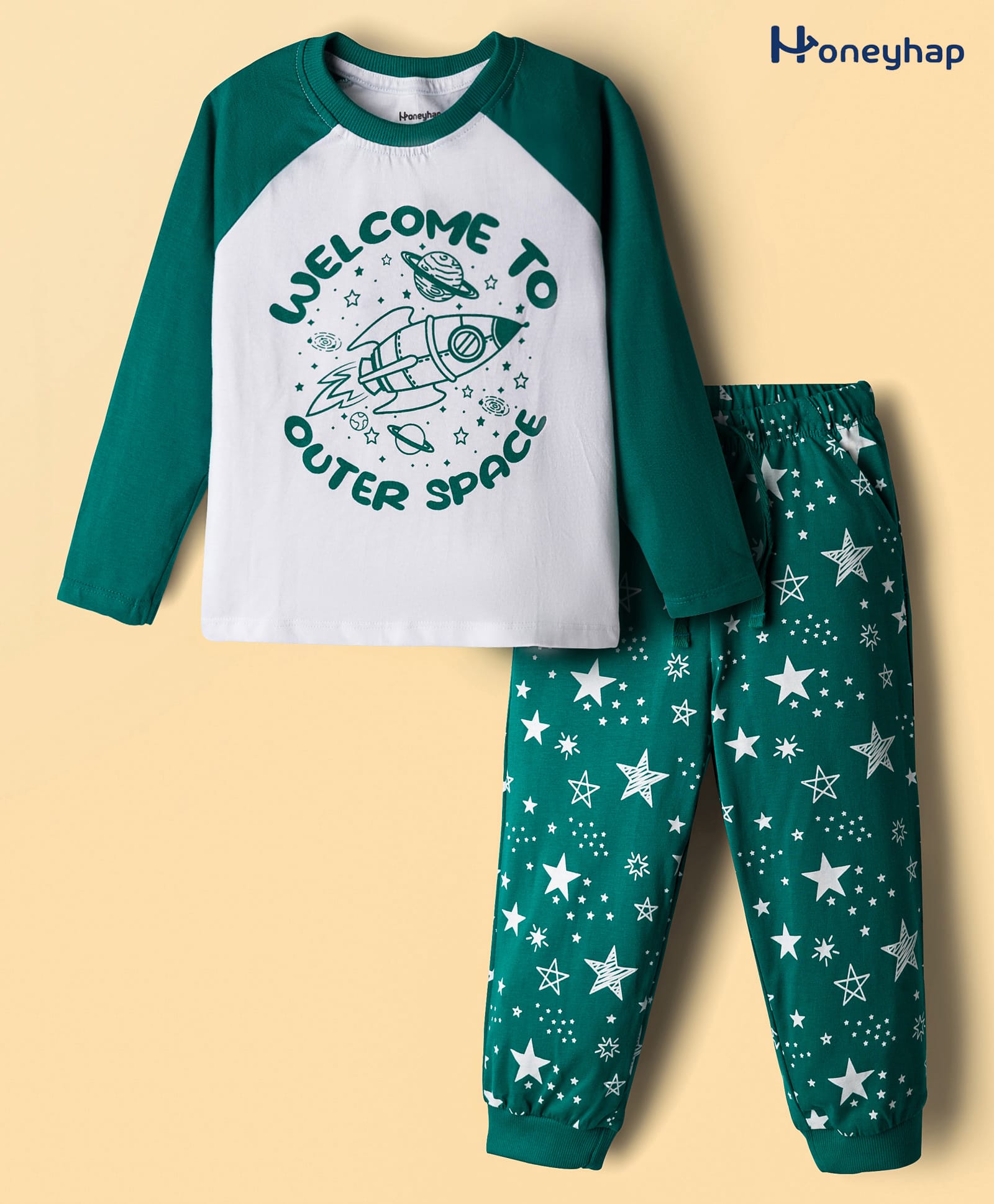 Honeyhap Premium 100% Cotton Knit Raglan Full Sleeves Space Printed T-Shirt & Pyjama Night Suit with Bio Finish - Dark Green-picture-23