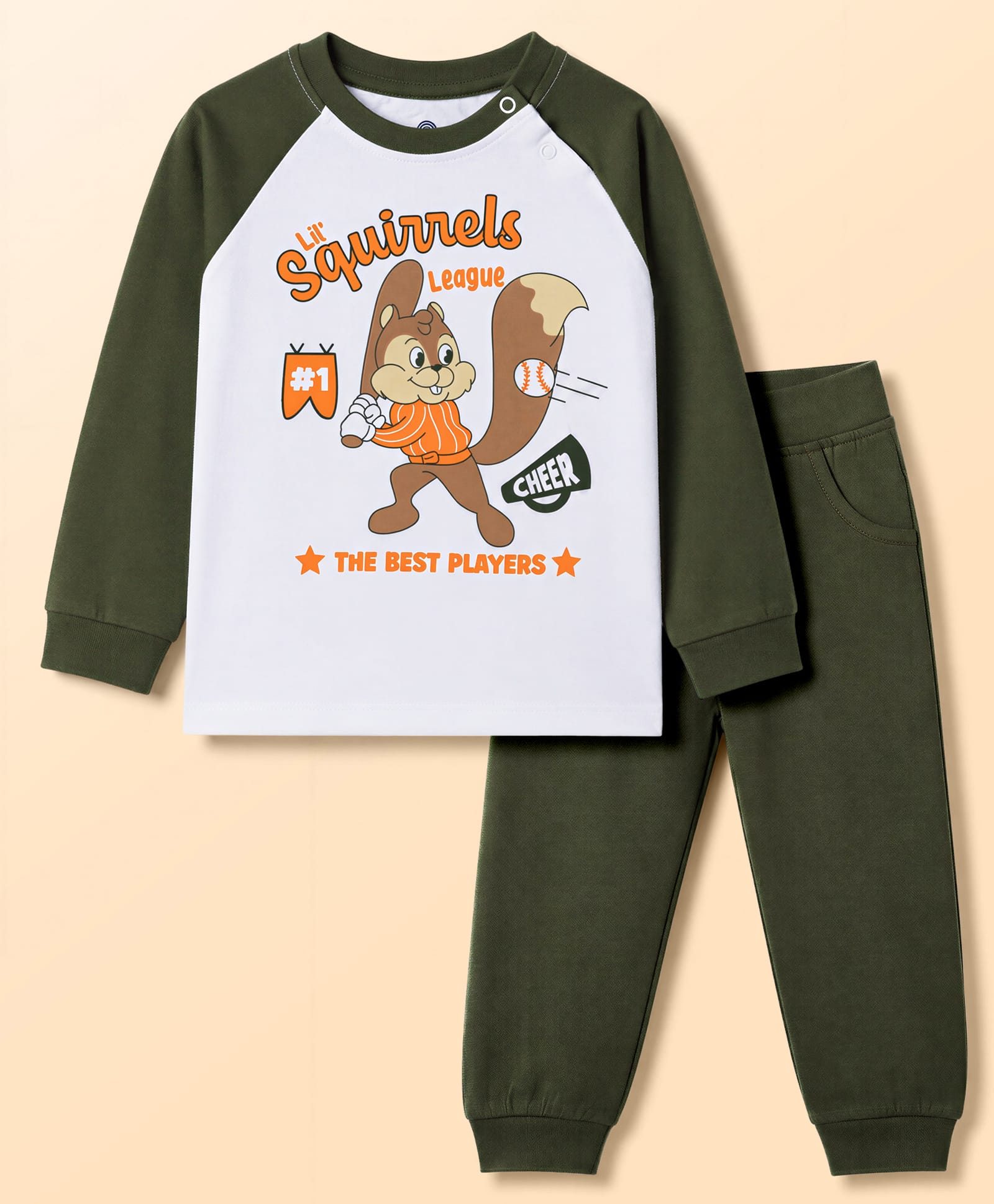 Doodle Poodle 100% Cotton Single Jersey Knit Full Raglan Sleeves T-Shirt & Pant Set with Squirrel Print - Olive Green & White-picture-12