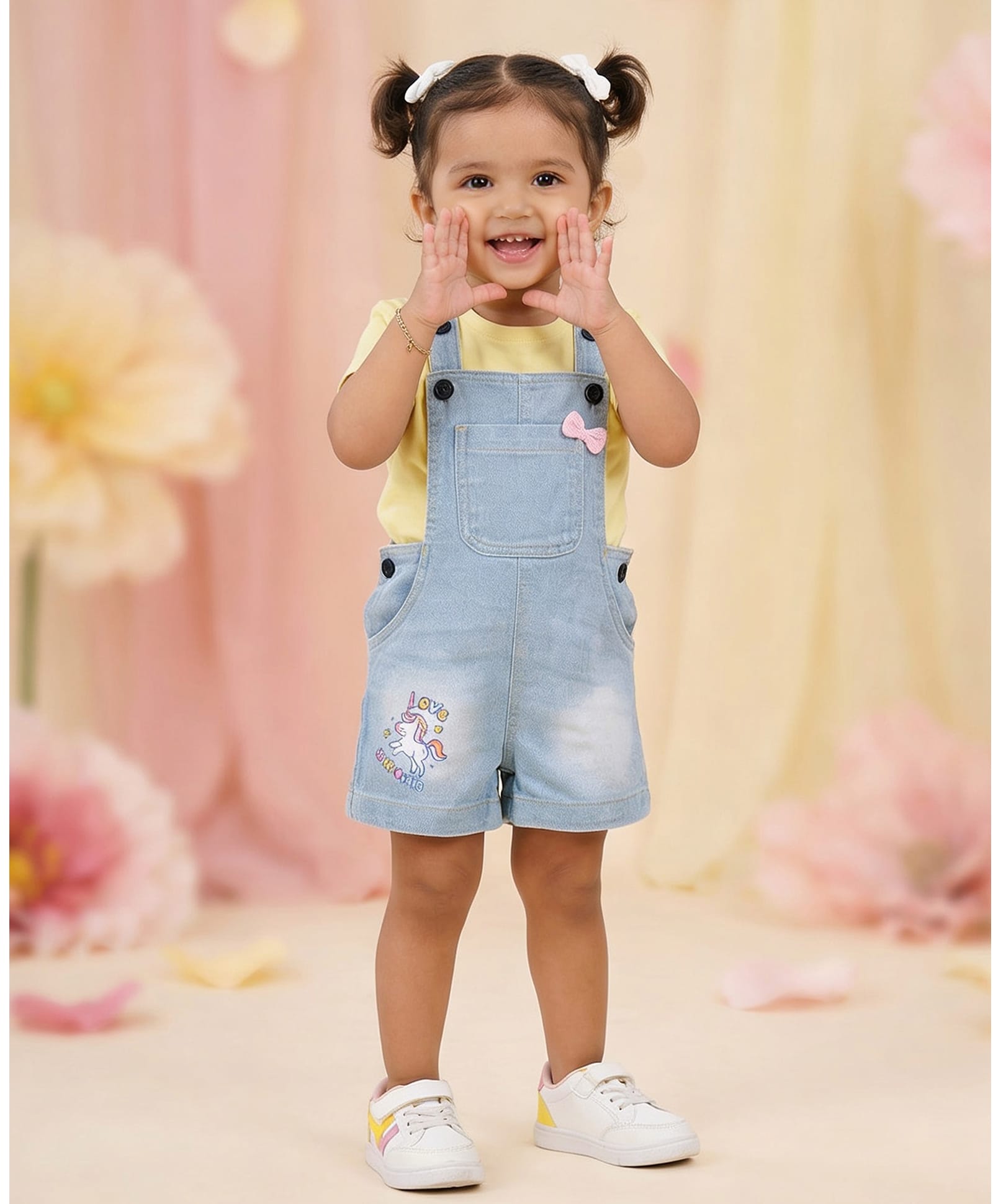 Kiddopanti Denim Woven Sleeveless Unicorn Printed & Bow Applique Detailed Dungaree - Ice Wash blue-image-22