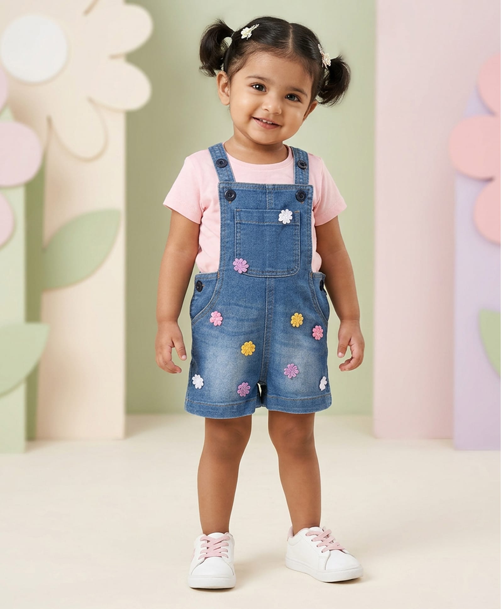 Kiddopanti Denim Woven Sleeveless Floral Applique Detailed Dungaree - Mild Wash Blue-picture-26