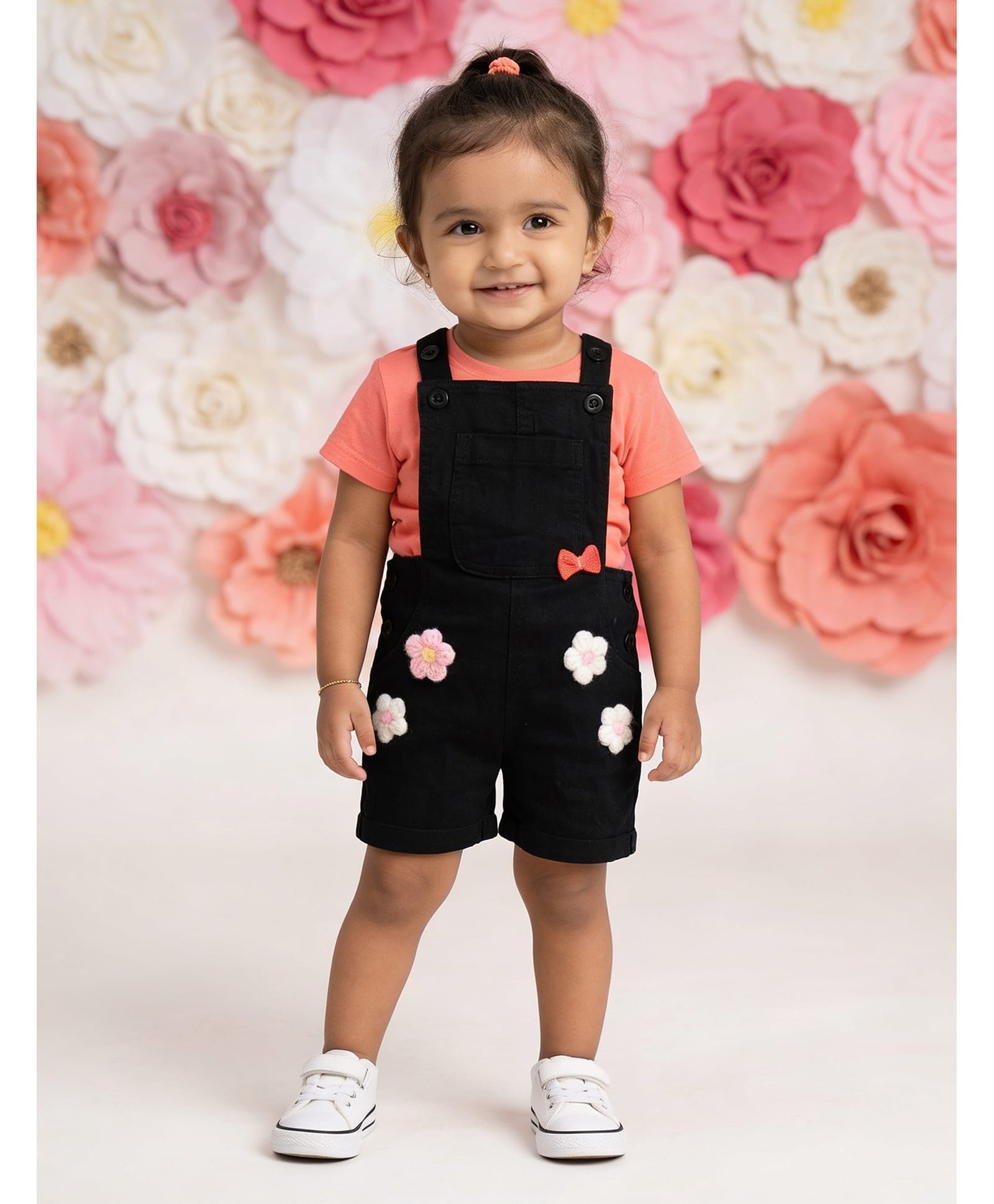 Kiddopanti Denim Woven Sleeveless Floral & Bow Applique Detailed Dungaree - Black-picture-19