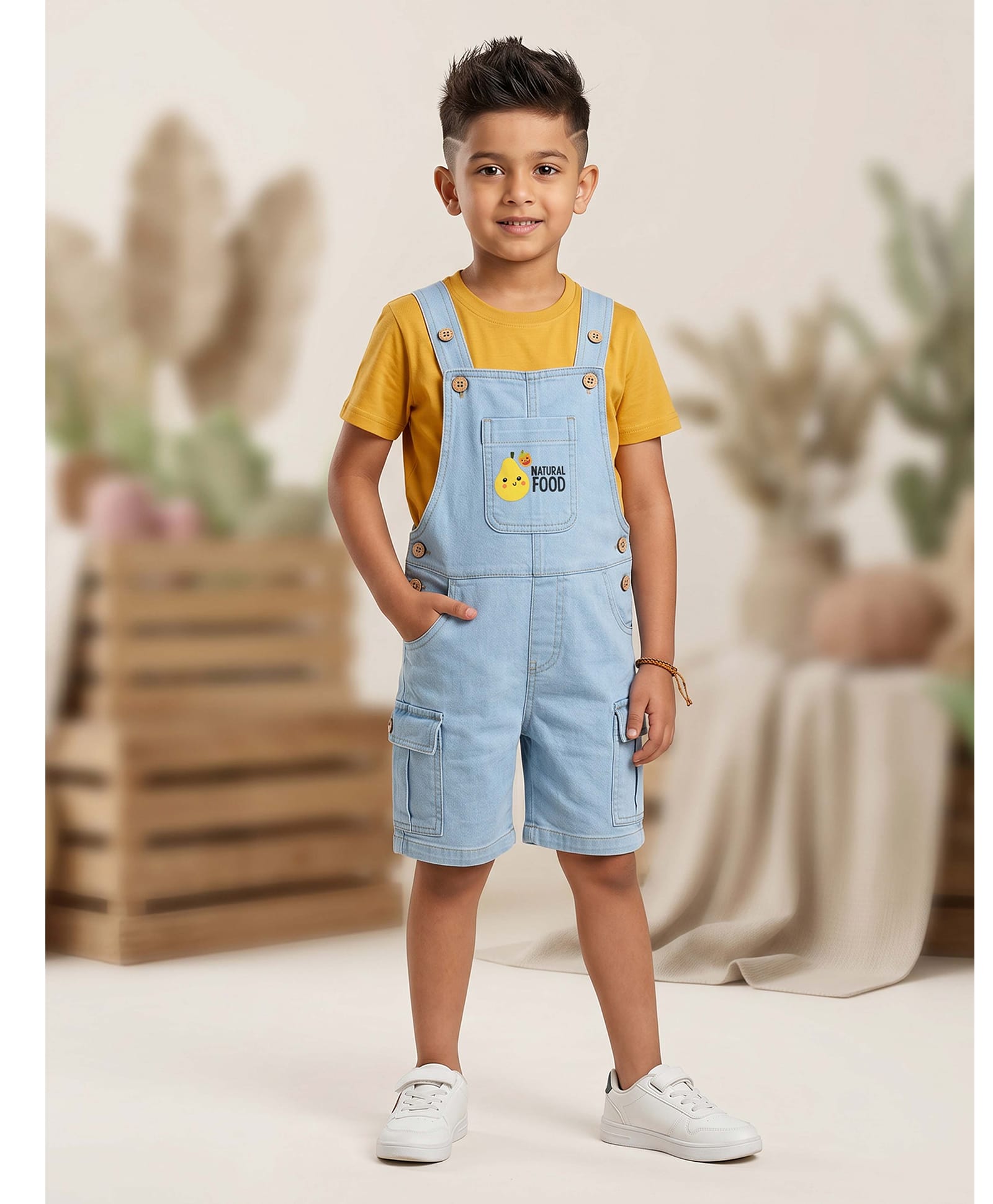 Kiddopanti Denim Woven Sleeveless Pear Printed Dungaree - Ice Wash Blue-image-17