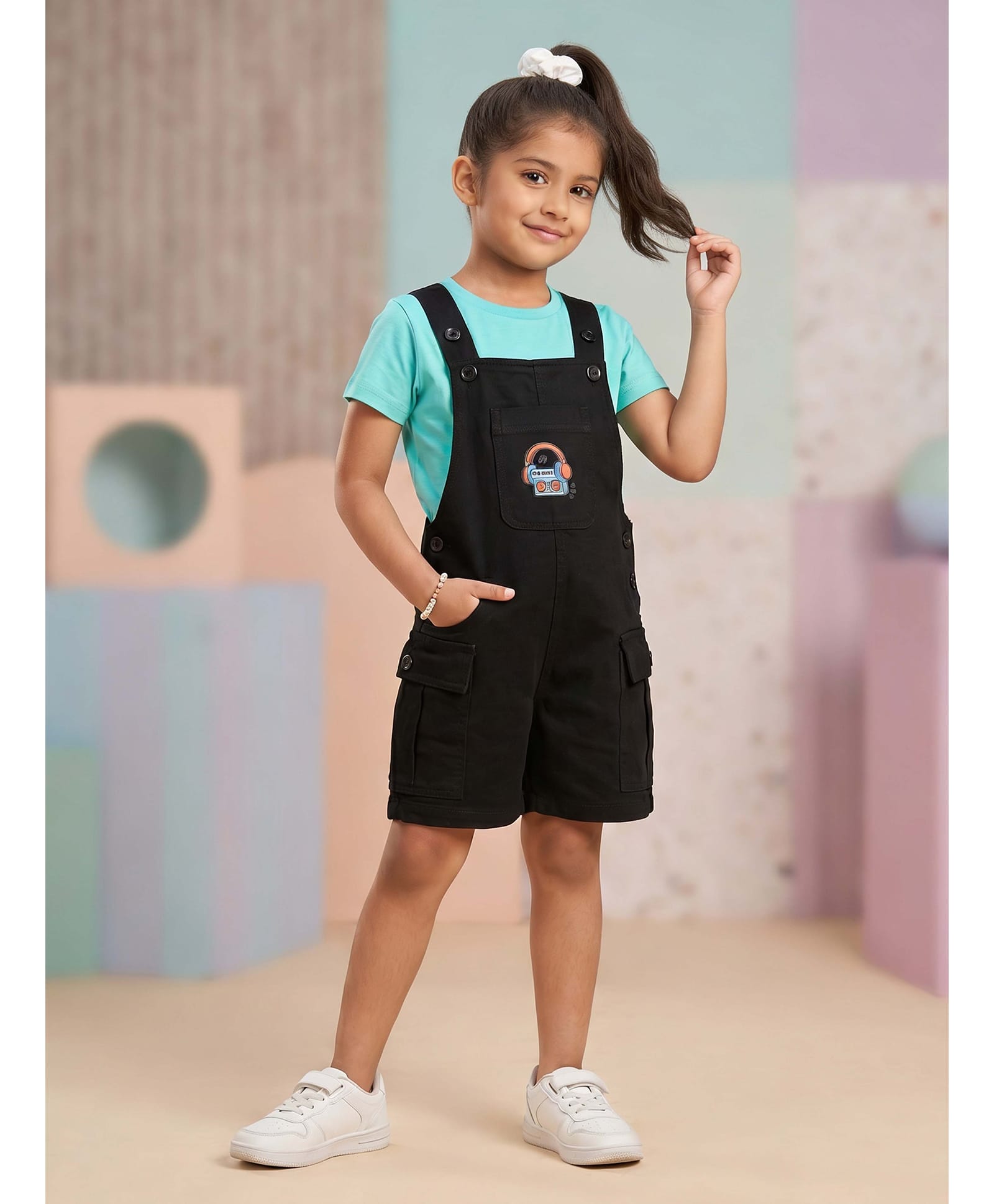 Kiddopanti Denim Woven Sleeveless Boombox Printed Dungaree - Black-picture-13