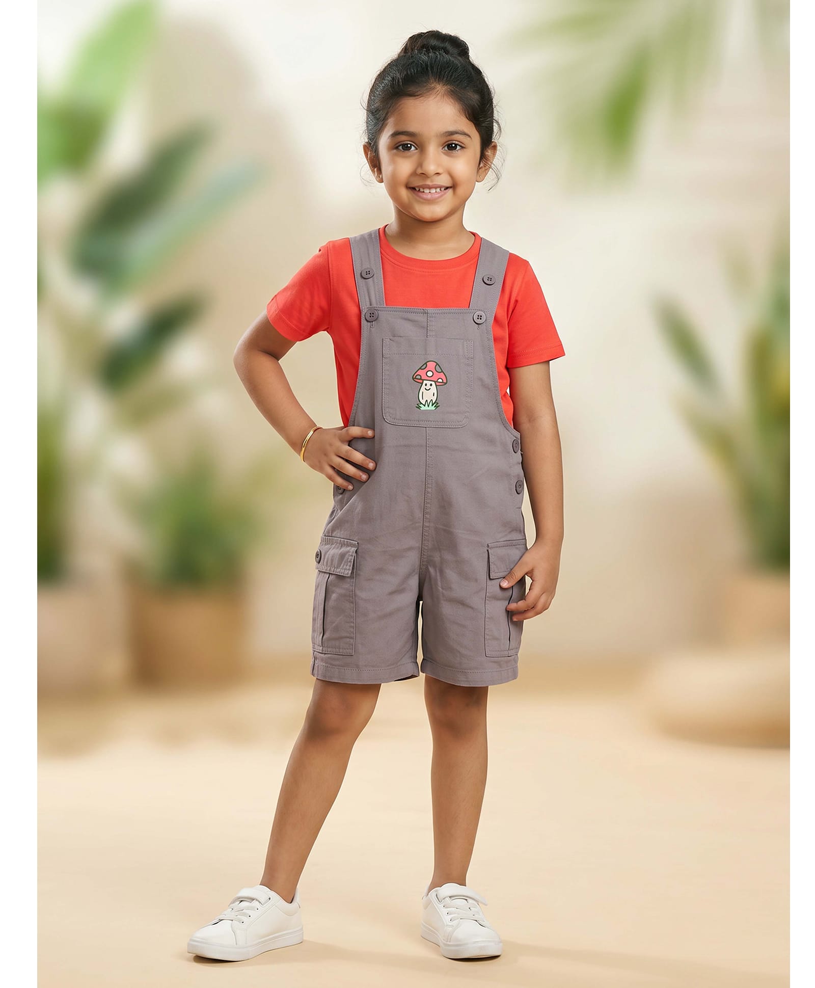 Kiddopanti Denim Woven Sleeveless Mushroom Printed Dungaree - Light Grey-picture-14
