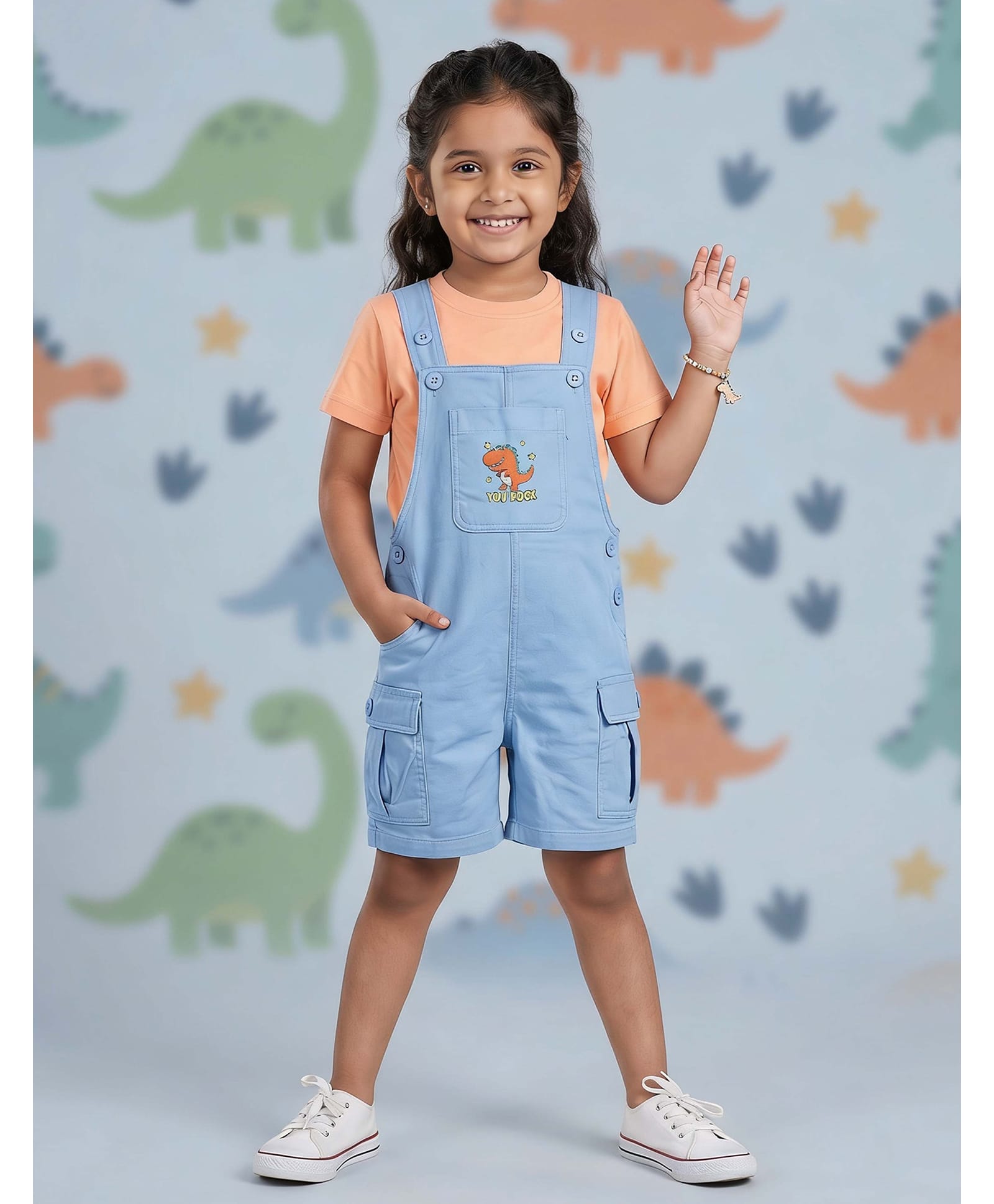 Kiddopanti Denim Woven Sleeveless Dinosaur Printed Dungaree - Light Blue-picture-10
