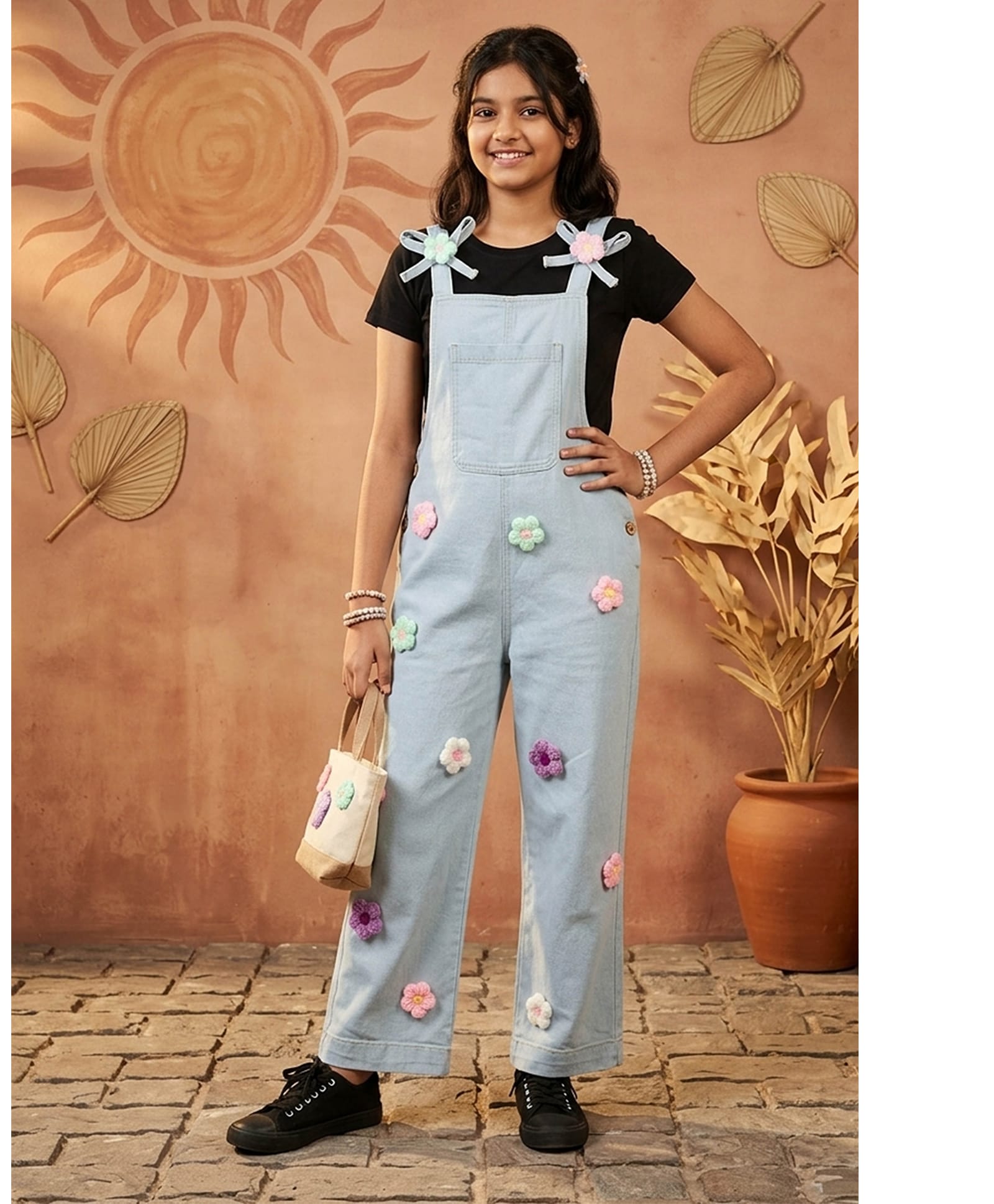 Kiddopanti Denim Woven Sleeveless Floral & Bow Applique Detailed Dungaree - Ice Wash Blue-image-23