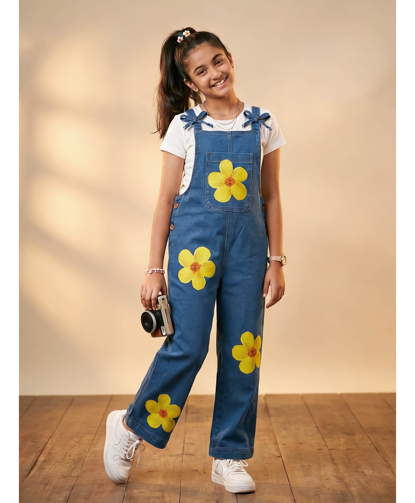 Kiddopanti Denim Woven Sleeveless Floral Printed Dungaree - Mid Wash Blue-picture-20