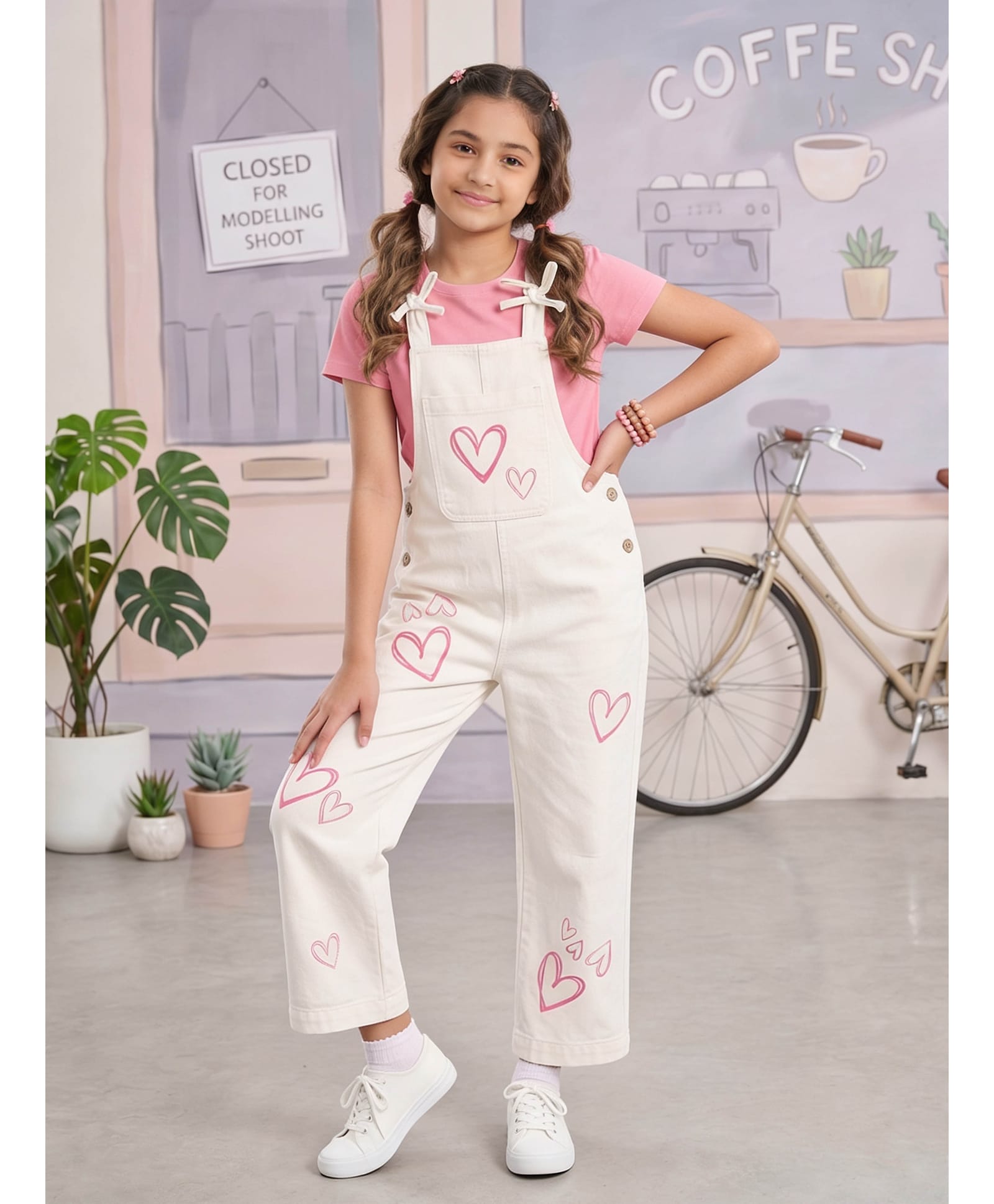 Kiddopanti Denim Woven Sleeveless Bow Applique Detailed & Hearts Printed Dungaree - White-picture-39
