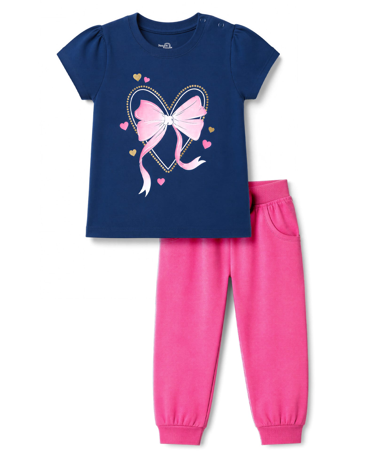 Doodle Poodle 100% Cotton Single Jersey KnIt Half Sleeves Top & Pant Set with Bow Print - Navy Blue-picture-30