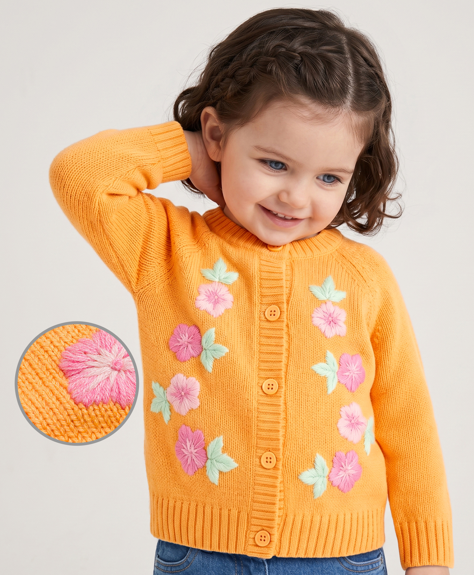 Babyoye Female Knit Full Sleeves Front Open Sweater with Floral Embroidery - Yellow-picture-19