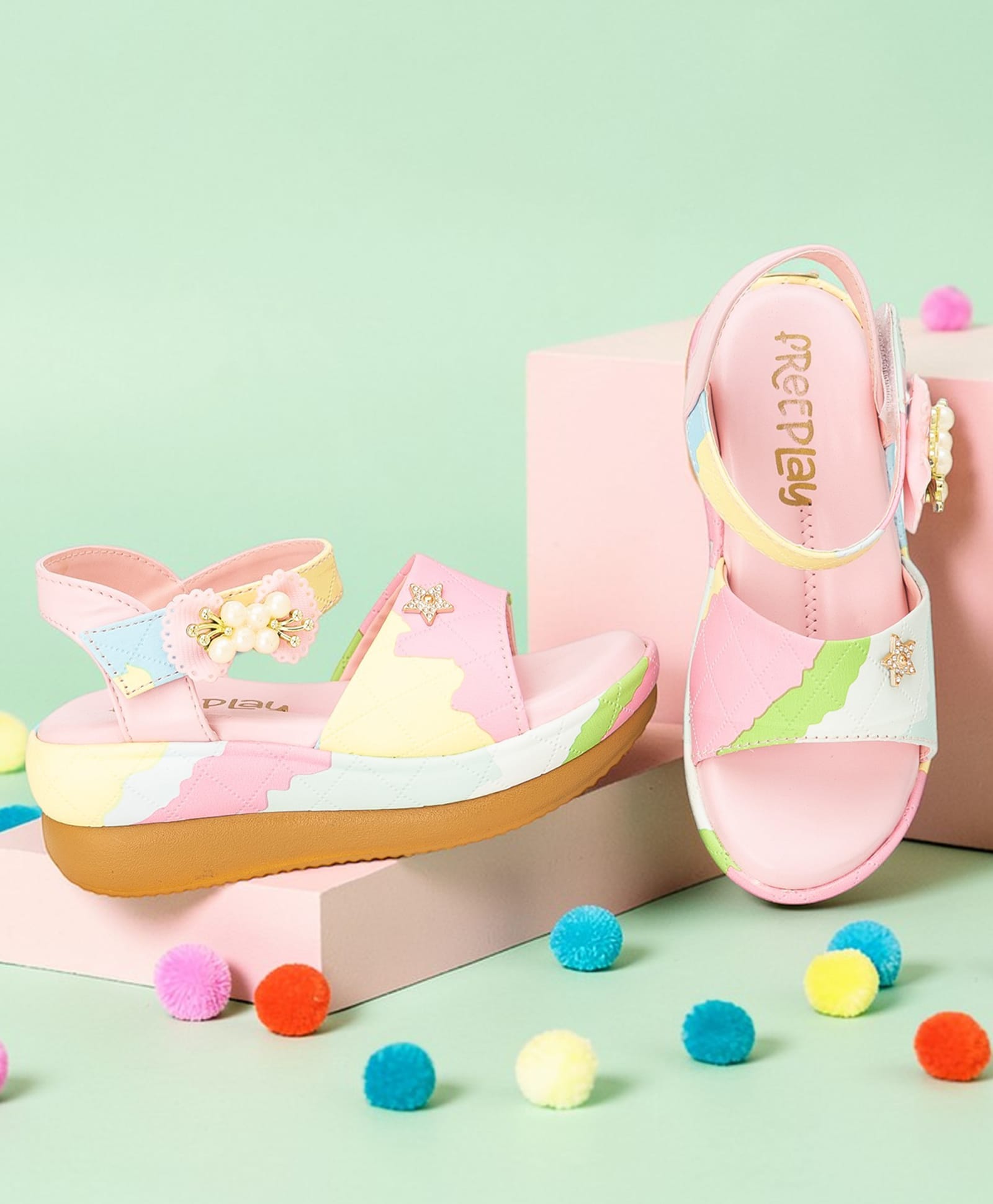 Freeplay Colour Blocked & Bow Applique Detailed Velcro Closure Sandals - Pink-picture-13