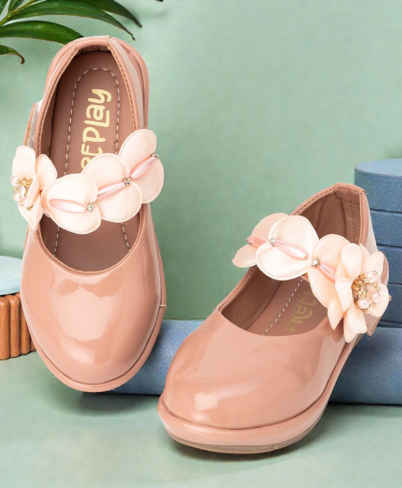 Freeplay Floral Applique Detailed Velcro Closure Ballerinas - Brown-image-14