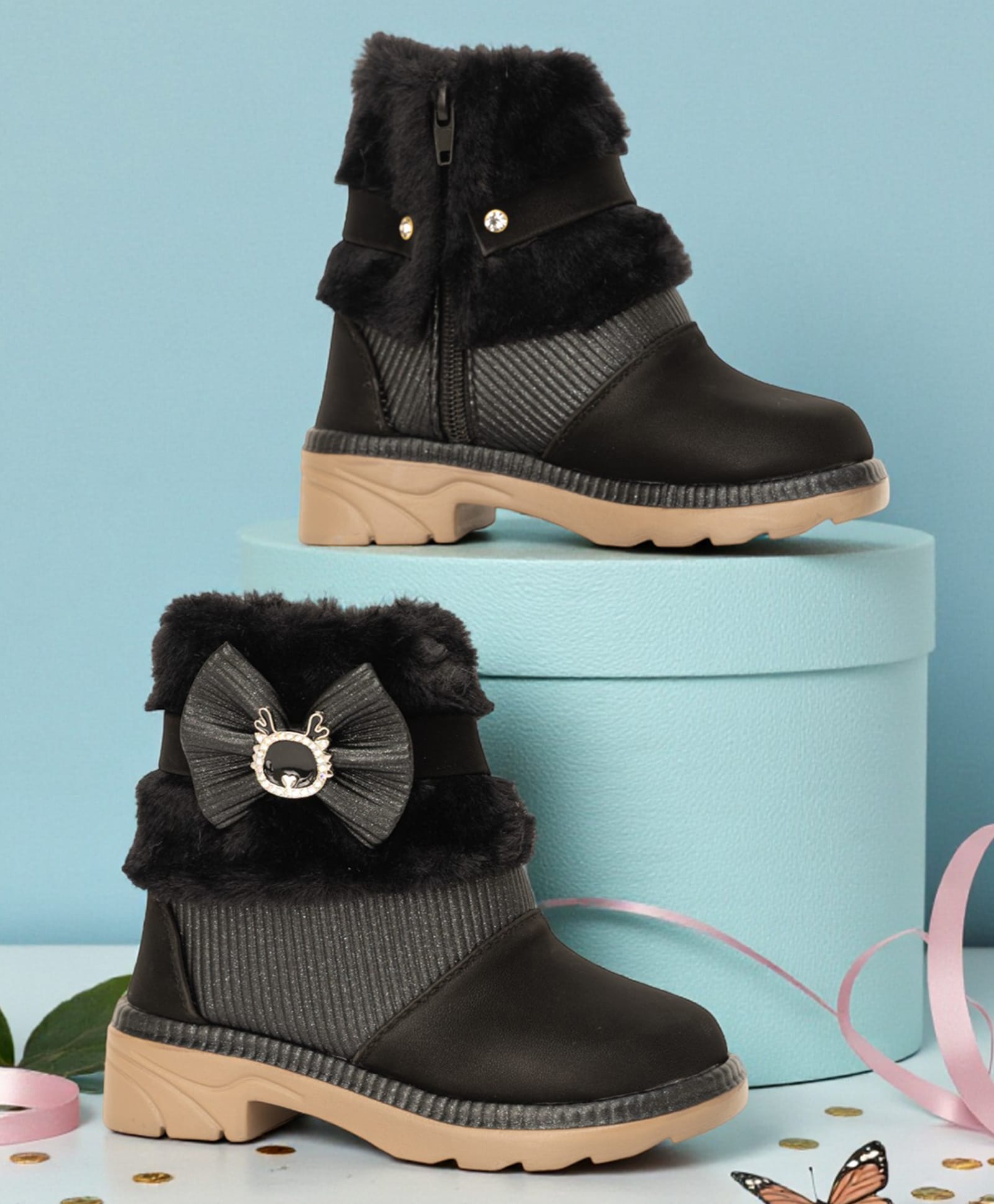 Freeplay Bow Applique & Fur Detailed Zip Closure Boots - Black-picture-28