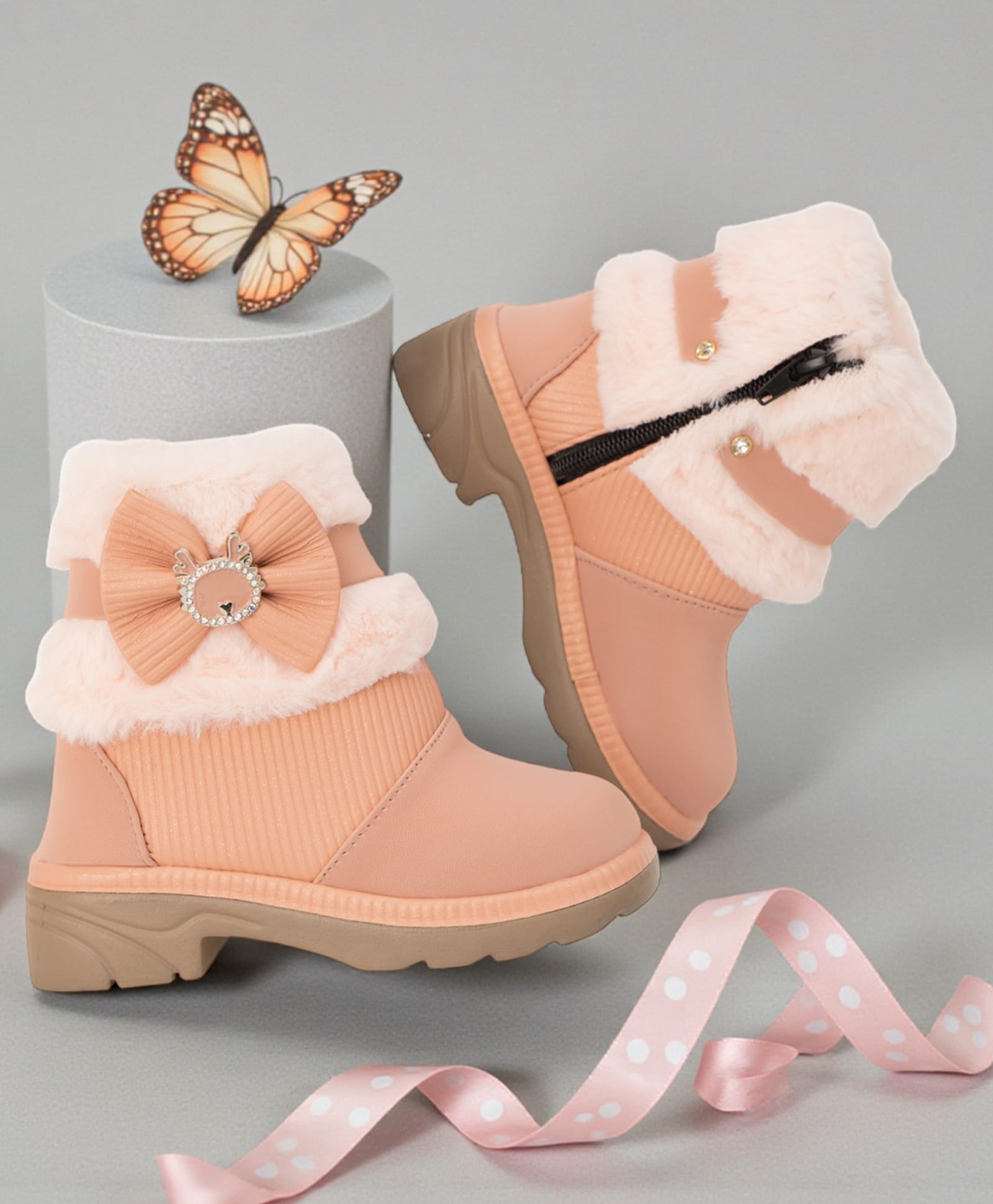 Freeplay Bow Applique & Fur Detailed Zip Closure Boots - Peach-picture-22
