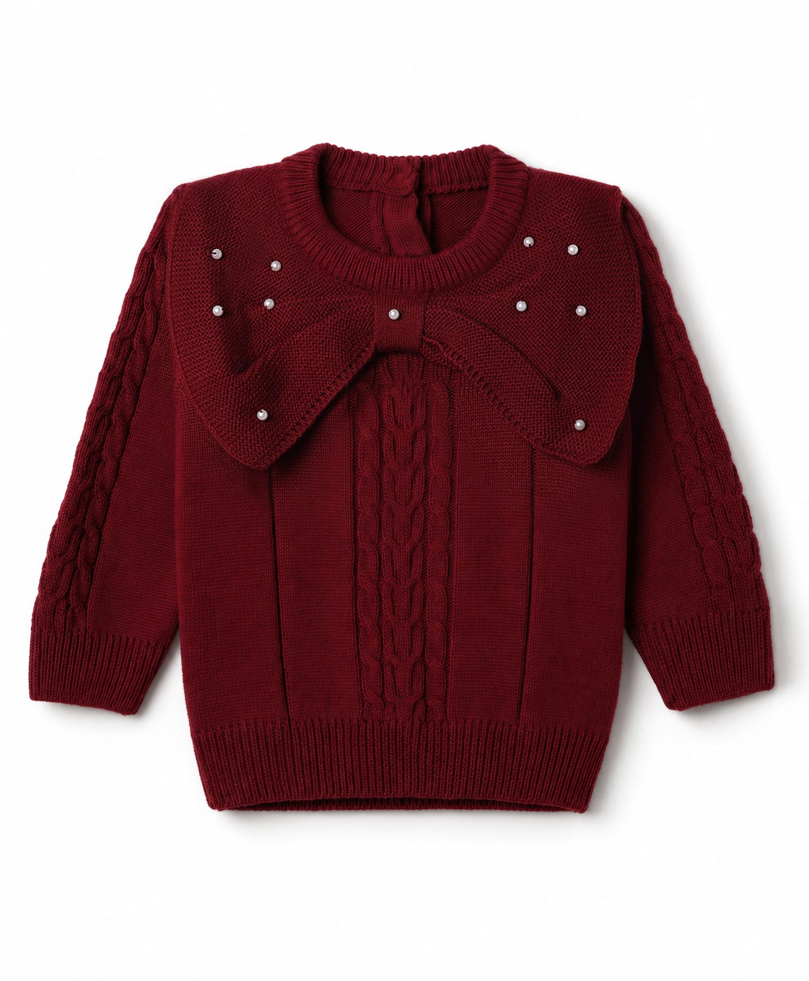 Babyoye Knit Full Sleeves Pullover with Bow Detailing - Maroon-image-49