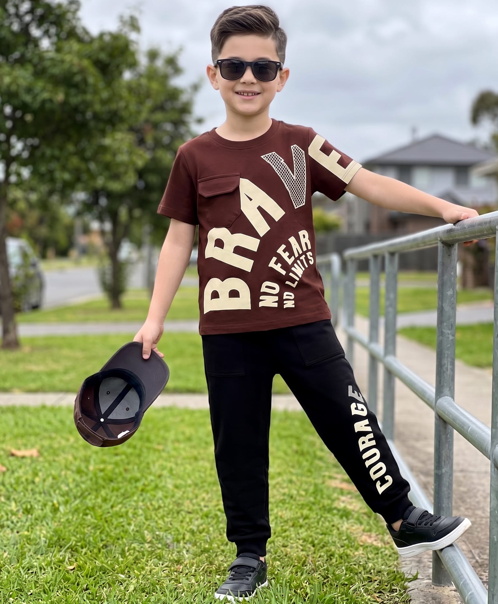 OLLINGTON ST. Cotton Knit Text Printed Half Sleeve T-Shirt & Joggers - Brown & Black-image-21
