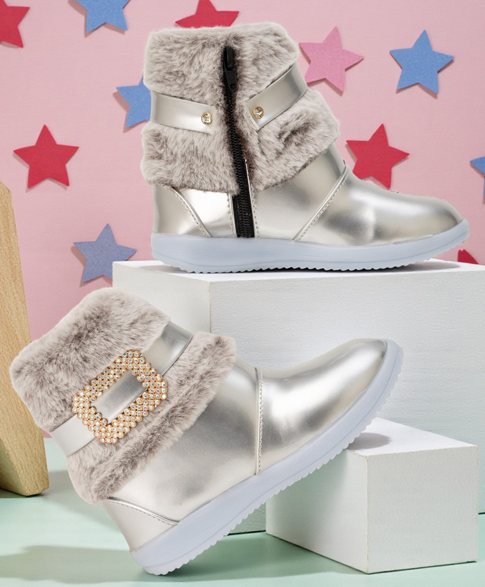 Freeplay Fur Detailed Zip Closure Boots - Silver-picture-49
