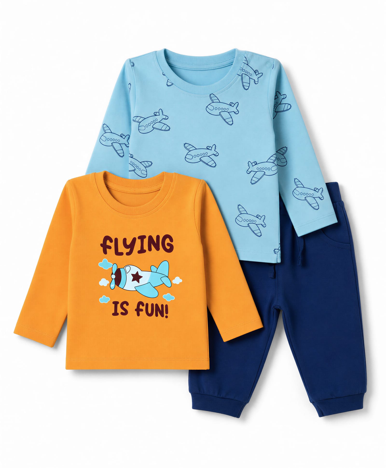 Doodle Poodle 100% Cotton Single Jersey Knit Full Sleeves T-Shirts & Pant Set with Airplane Print Pack of 2 - Peach Blue & Navy Blue-picture-8