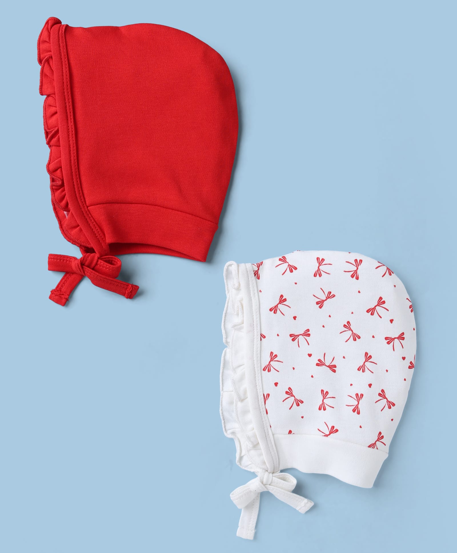 Doodle Poodle 100% Cotton Interlock Knit Bow Printed Caps With Tie Up Pack of 2 Bright White/High Risk Red - Diameter 14 cm-image-32