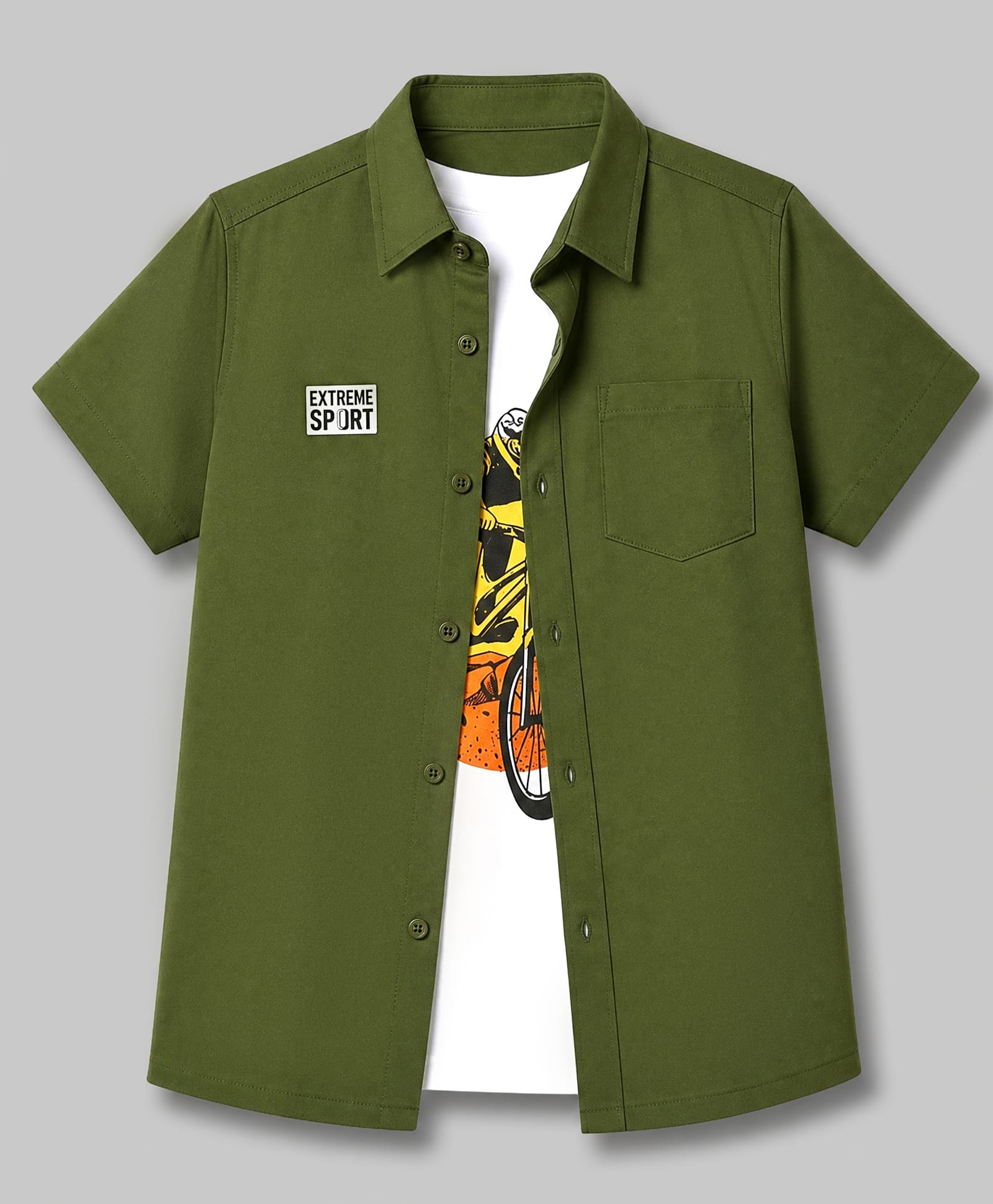 Pine Kids Cotton Woven Short Sleeves Solid Shirt With Text Print on Tee - Olive Green-picture-28