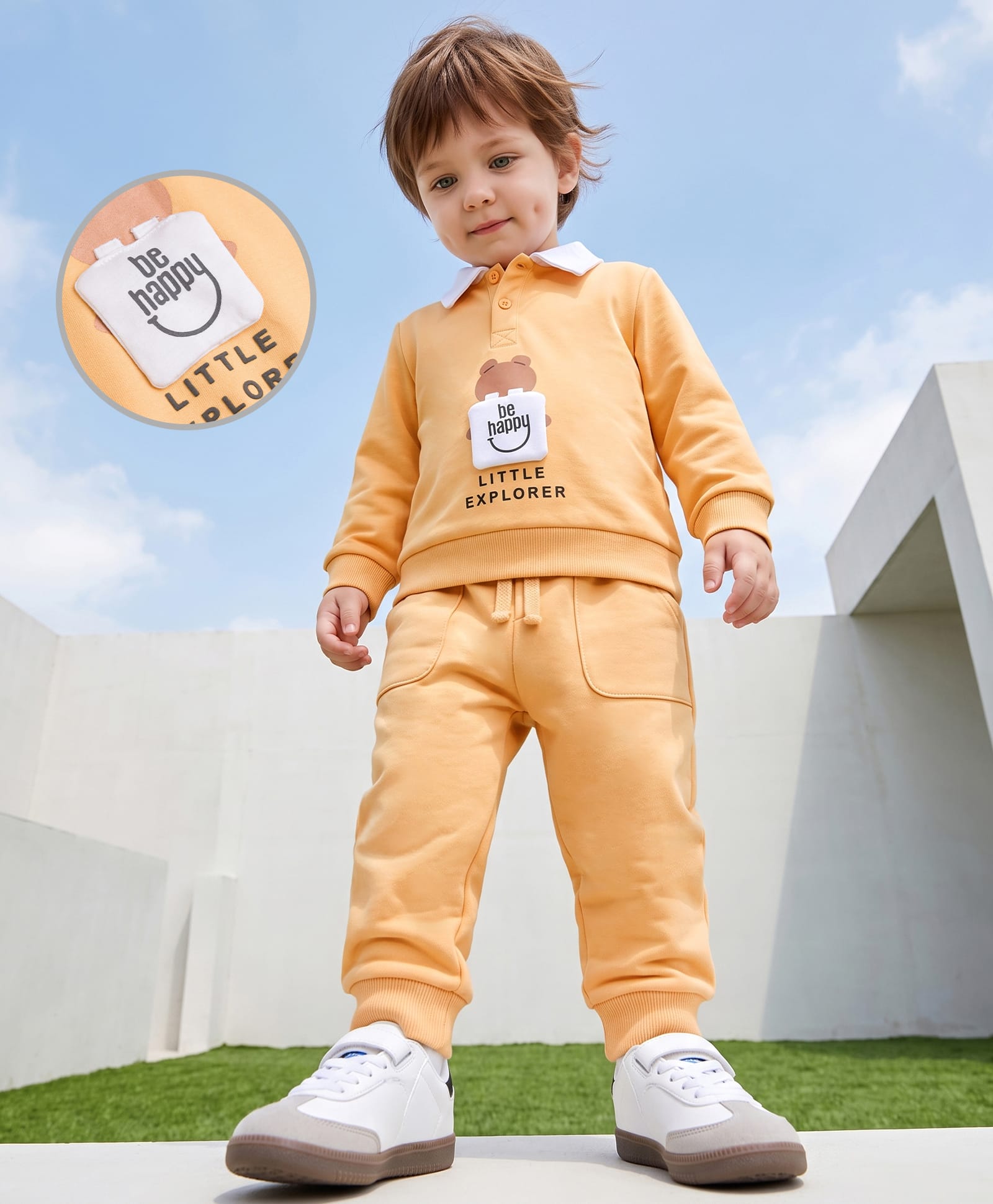 Babyoye 100% Cotton Knit Three Thread Heavy Guage Terry 280 GSM Full Sleeves Text Printed Winter Wear Suit With Applique - Peach-picture-15