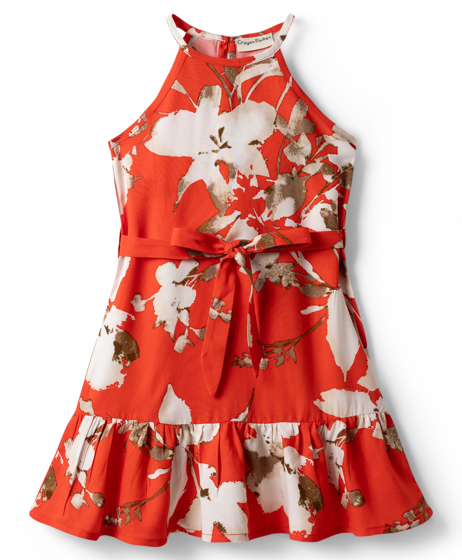 CrayonFlakes Rayon Knit Sleeveless Floral Printed Dress - Orange-image-18