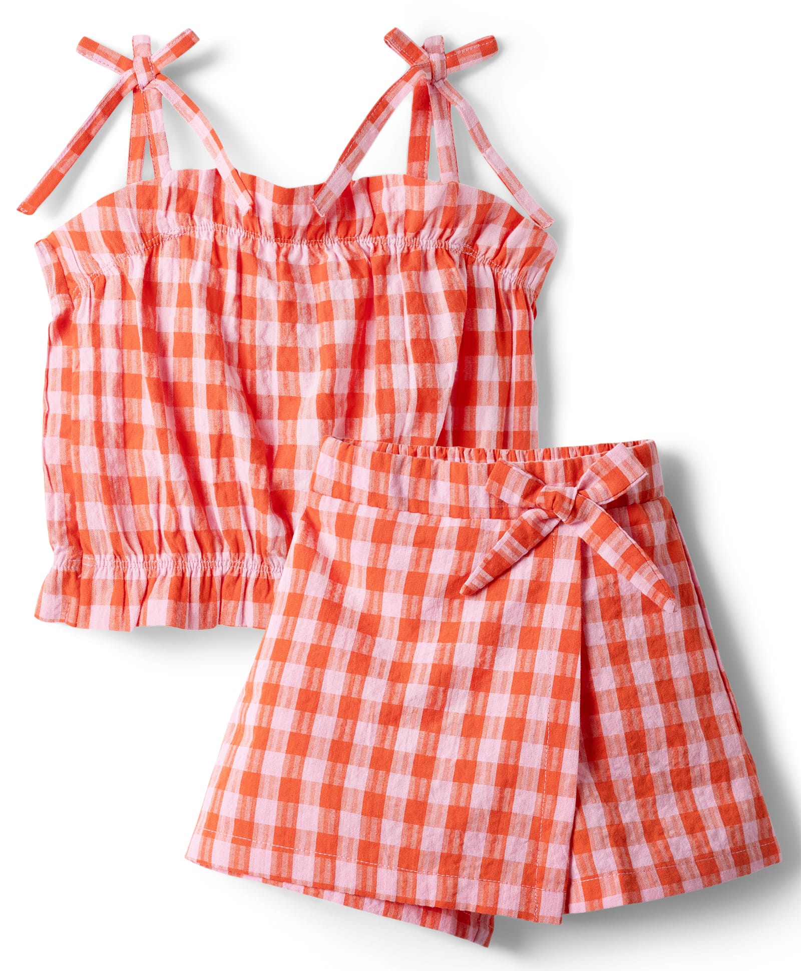 CrayonFlakes Rayon Knit Sleeveless Gingham Checked Coordinating Top & Skort Set - Pink-image-9