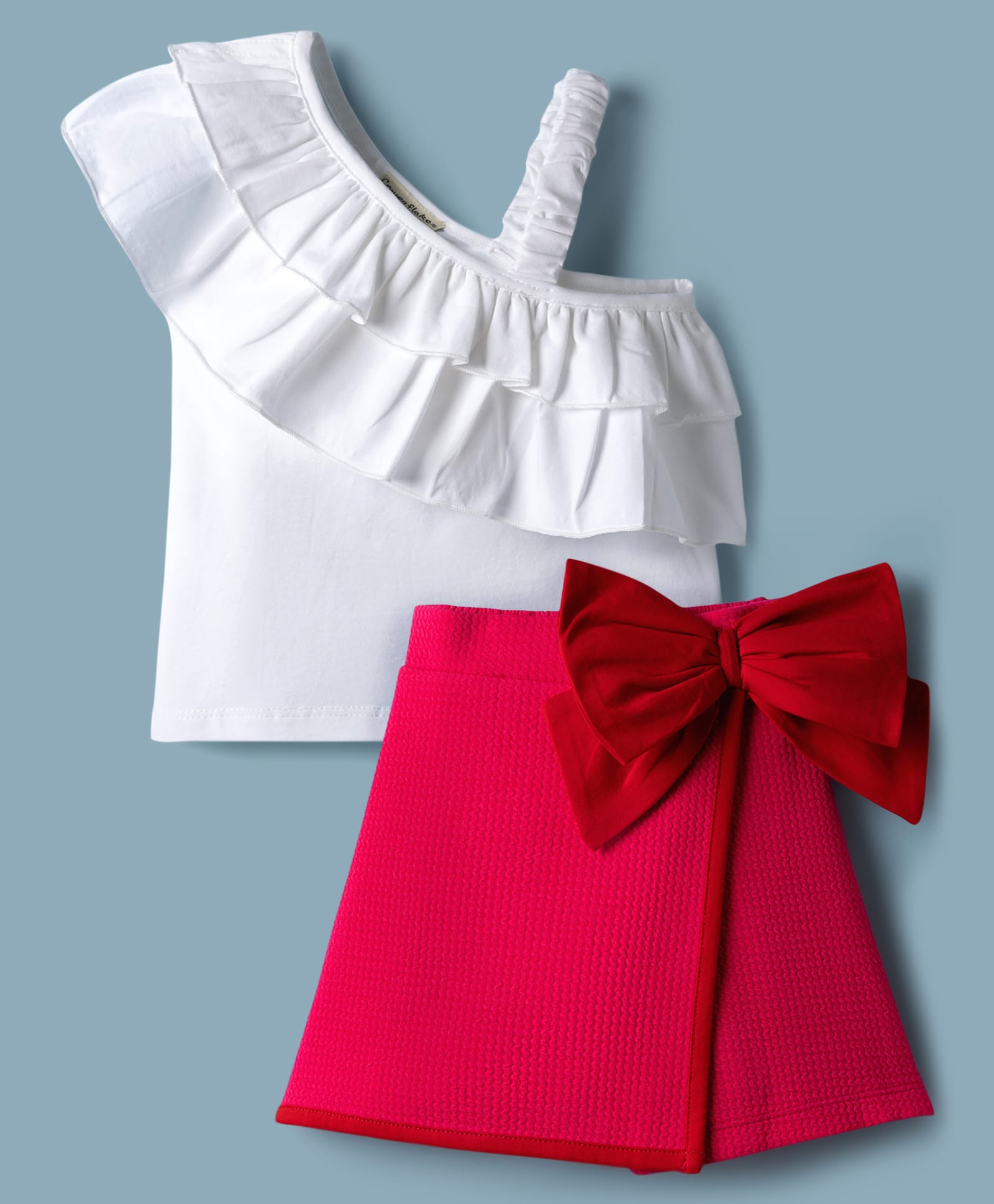 CrayonFlakes Cotton Knit Sleeveless Frill Detailed Top & Skort Set - White & Pink-picture-9