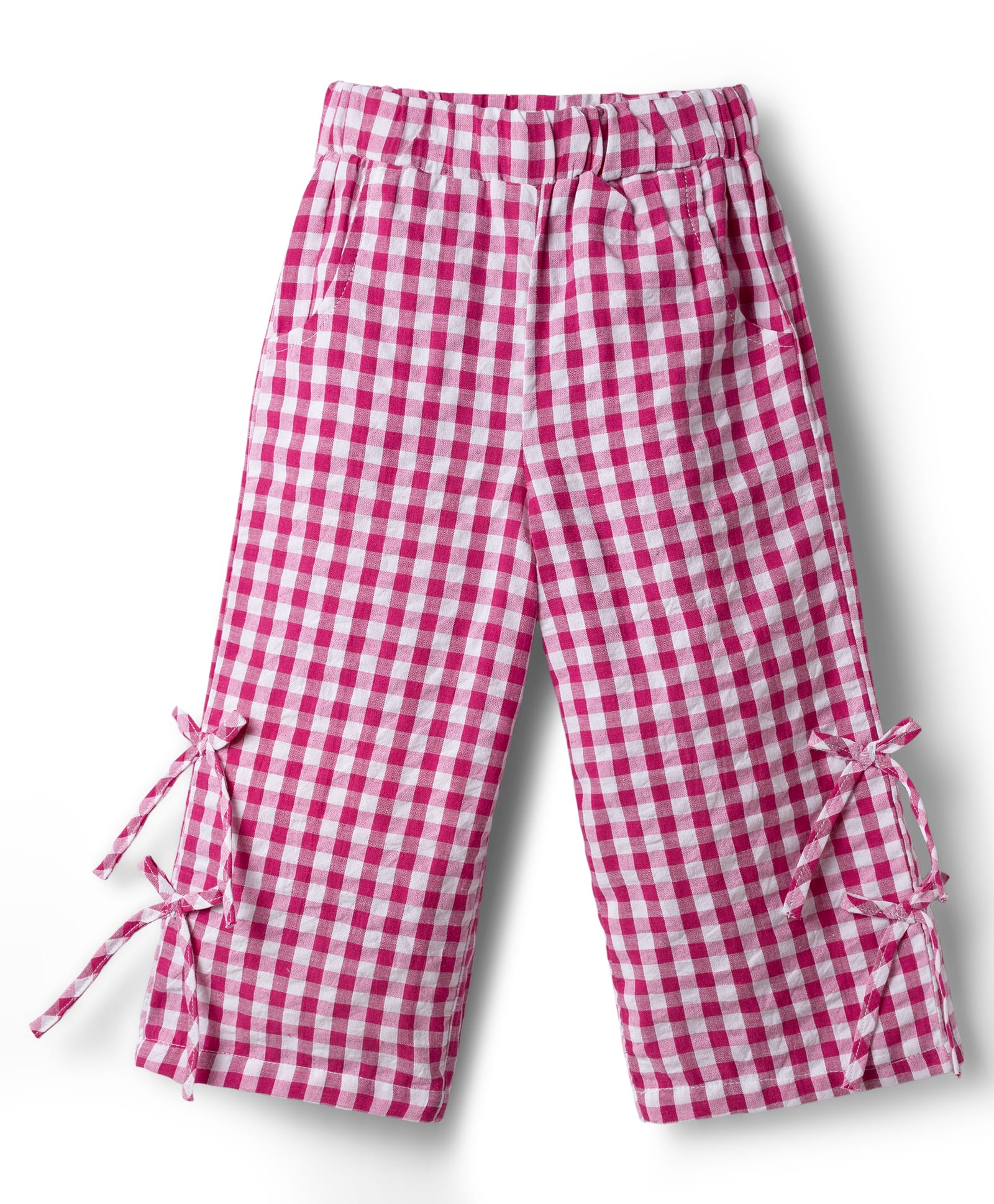 CrayonFlakes Cotton Knit Gingham Checked & Bow Applique Detailed Pants - Pink-image-44