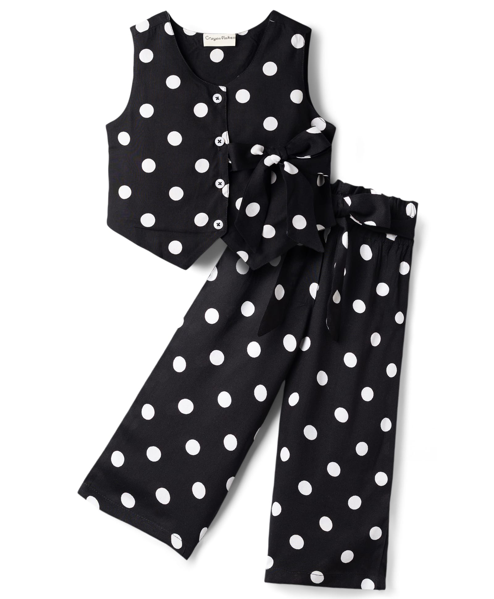 CrayonFlakes Rayon Knit Sleeveless Polka Dots Printed & Bow Applique Detailed Coordinating Top & Pants Set - Black-image-15