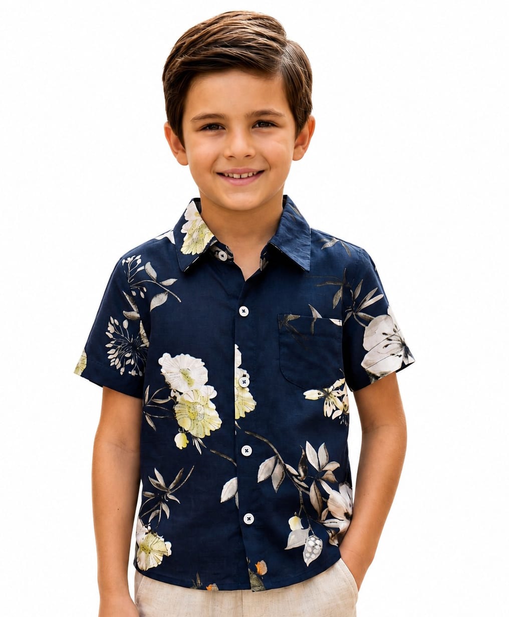CrayonFlakes Rayon Woven Half Sleeves Shirt with Floral Print - Navy Blue-picture-1
