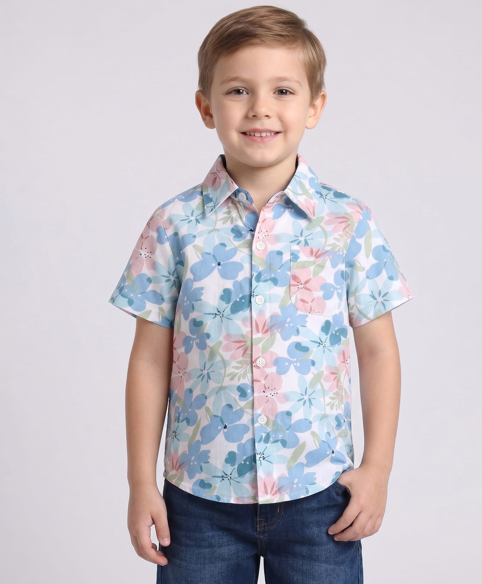 CrayonFlakes Rayon Woven Half Sleeves Floral Printed Shirt - Off White & Blue-picture-14