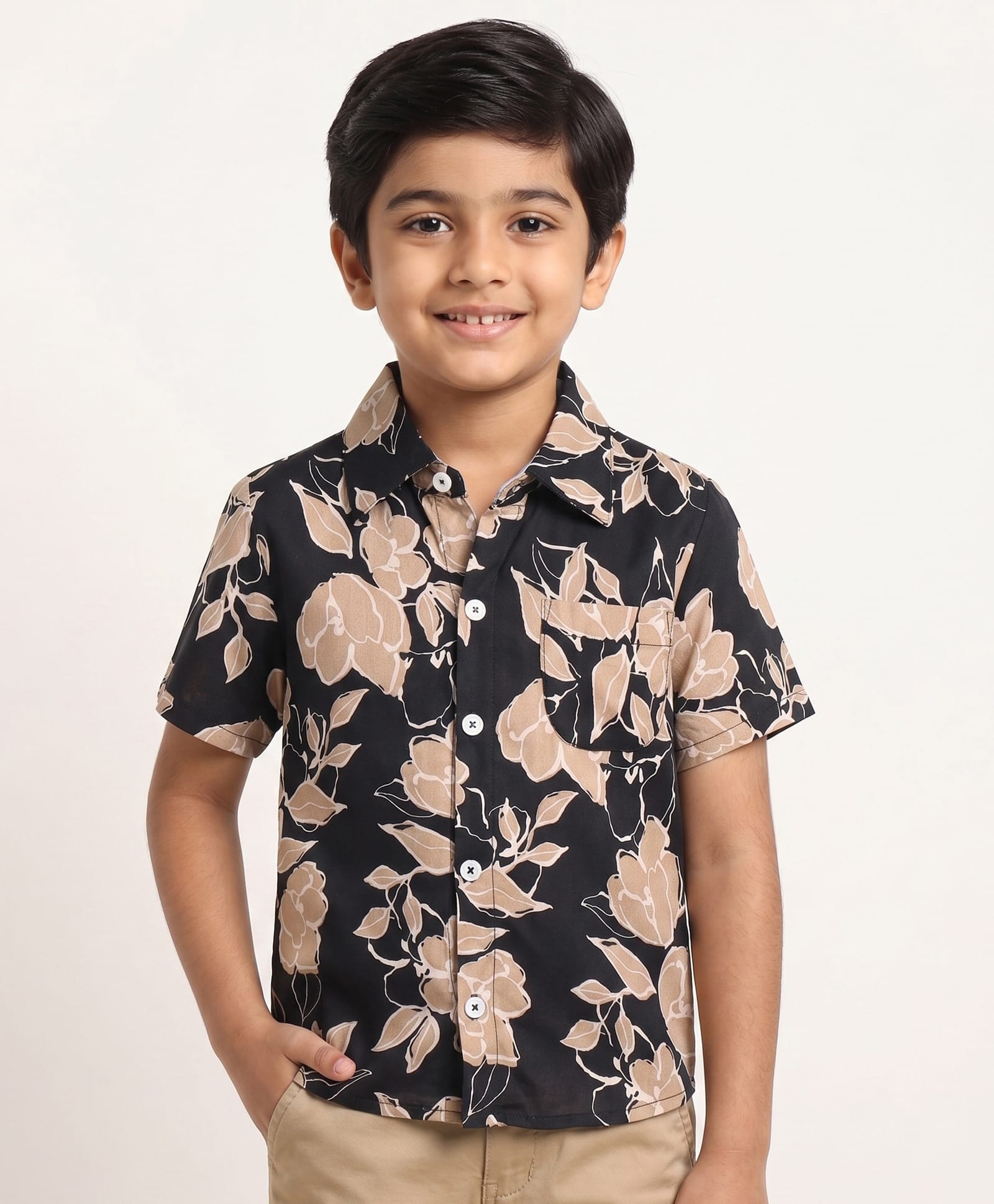 CrayonFlakes Rayon Woven Half Sleeves Shirt with Floral Print - Black-picture-0
