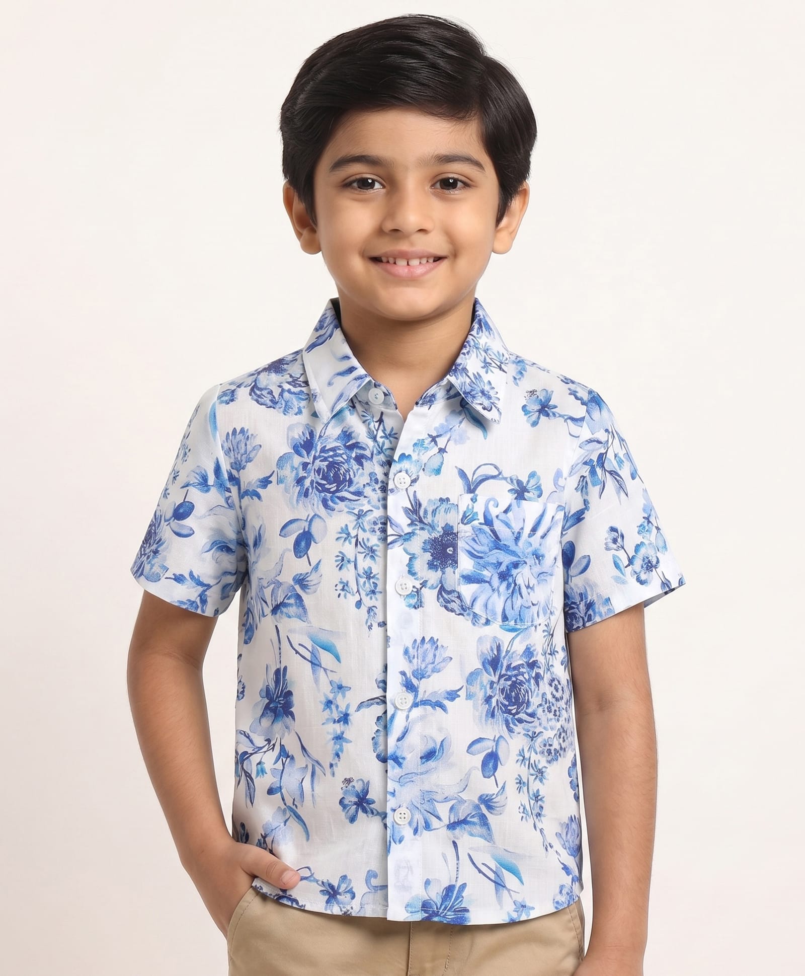CrayonFlakes Cotton Woven Half Sleeves Shirt with Floral Print - White-picture-29