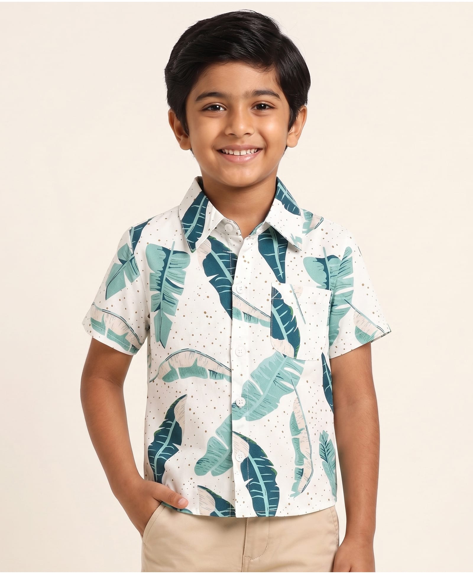 CrayonFlakes Rayon Woven Half Sleeves Leafy Printed Shirt - Off White-image-15