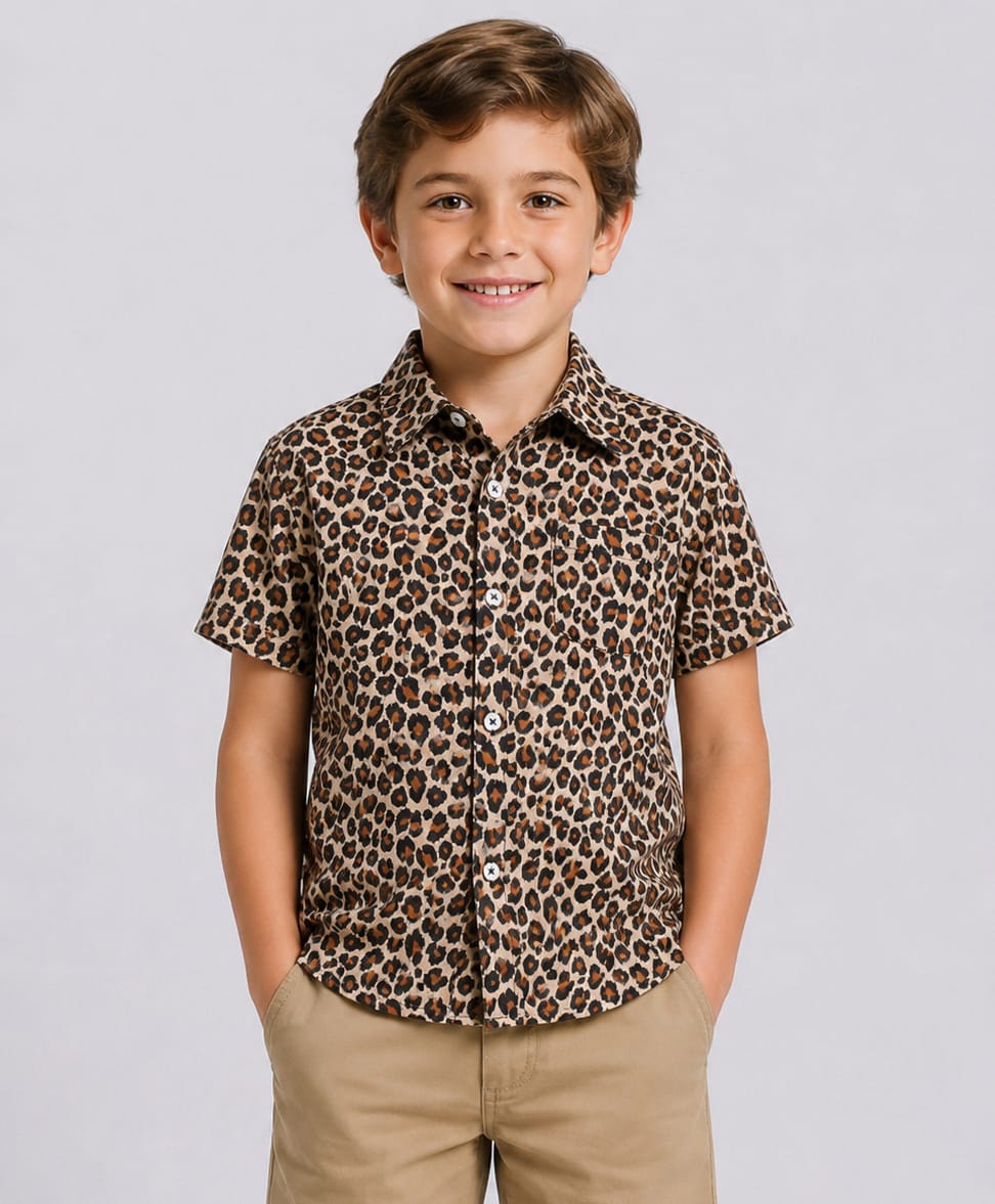CrayonFlakes Cotton Woven Half Sleeves Leopard Printed Shirt - Brown-picture-16