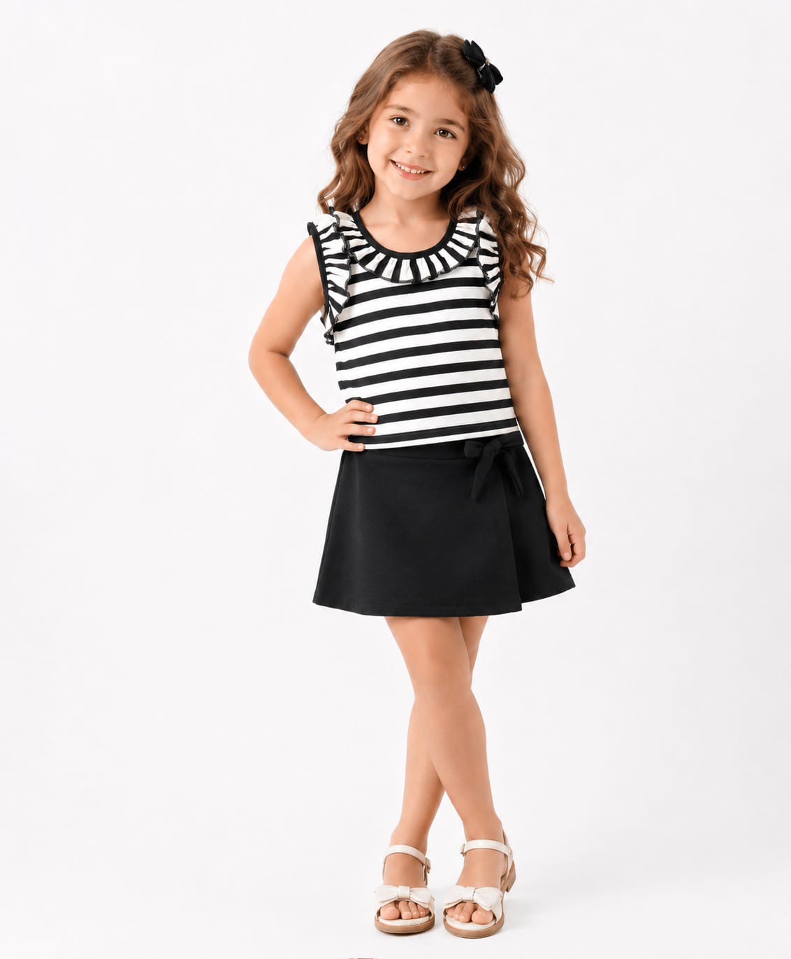 crayonflakes CrayonFlake Cotton Knit Sleeveless Frilled Candy Striped Top With Skort Set - Black-picture-23