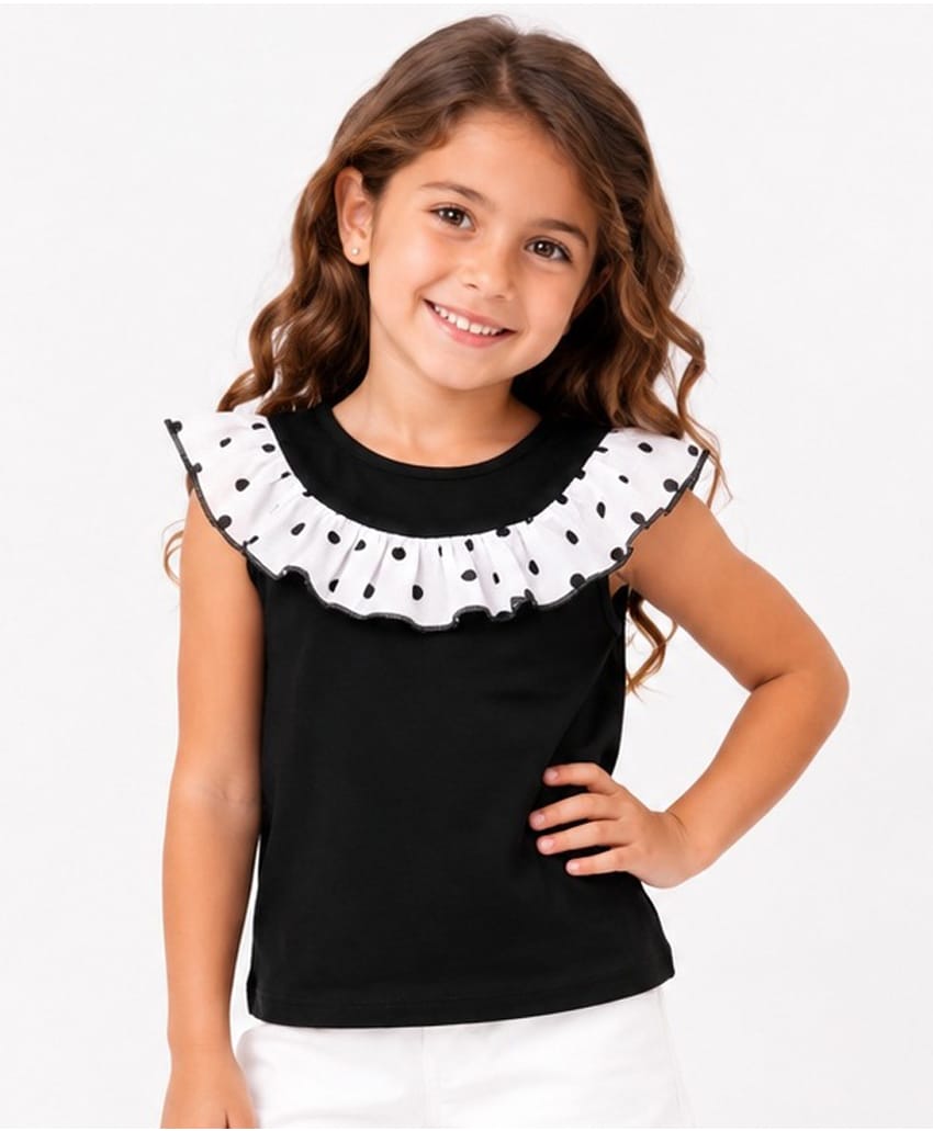 CrayonFlakes Cotton Lycra Knit Sleeveless Top with Polka Dots Print & Frill Detailing - Black-picture-20
