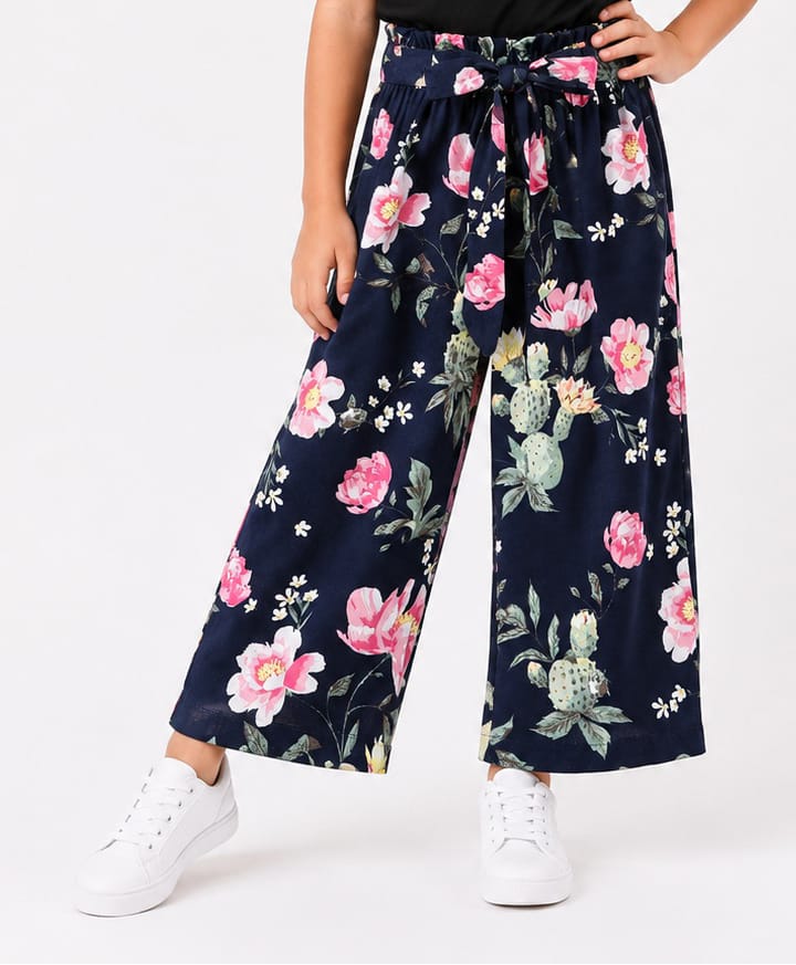 CrayonFlakes Woven Full Length Floral Printed Belted Palazzo - Navy Blue-picture-5