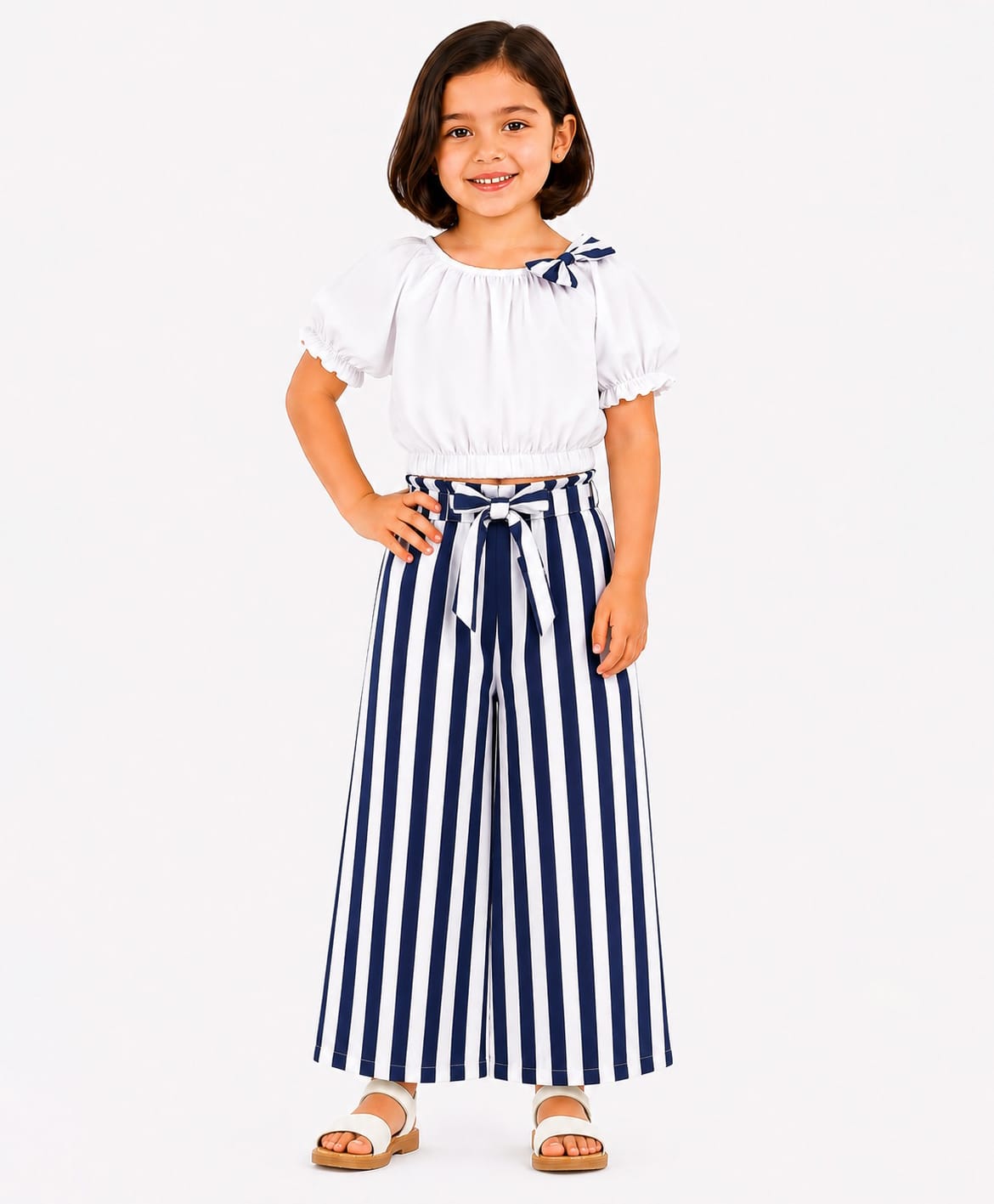 CrayonFlakes Cotton Woven Half Sleeves Bow Applique Top & Stripped Palazzo Set - Off White-picture-10