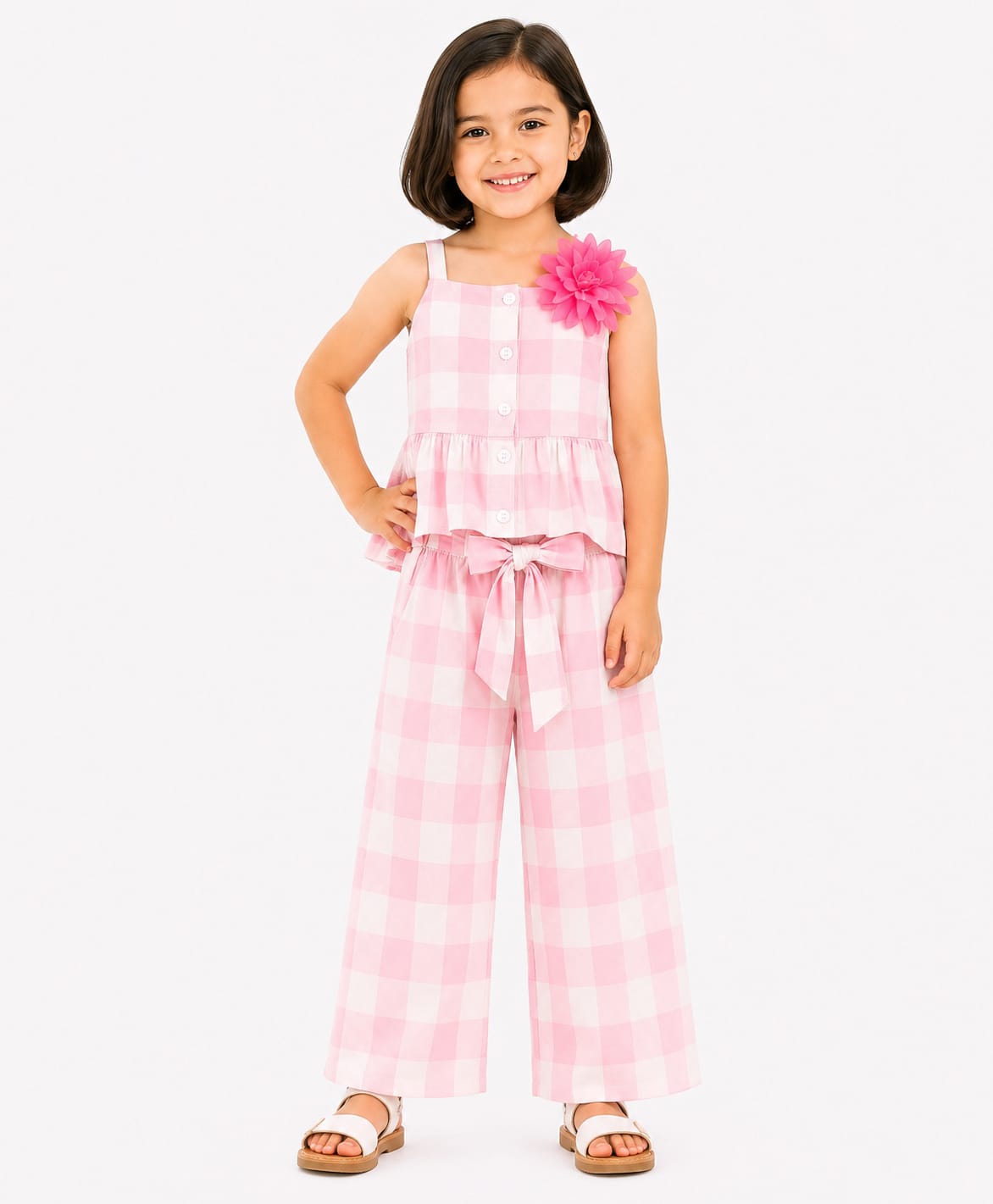 CrayonFlakes Rayon Knit Sleeveless Checked Coordinating Top & Belted Palazzo Set with Floral Applique - Pink-picture-6