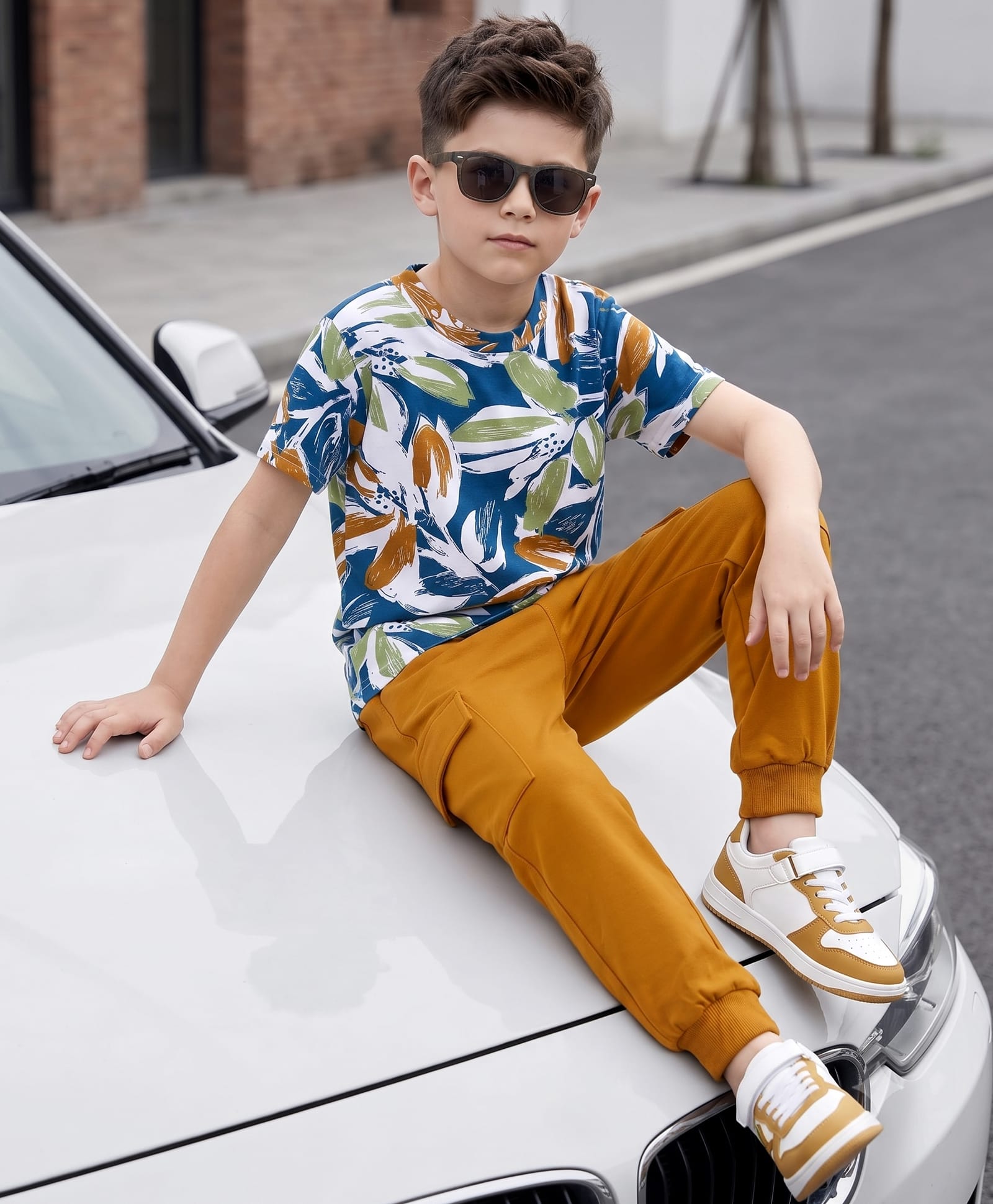 OLLINGTON ST. Set Of Cotton Knit Printed Half Sleeve Abstract Printed T-Shirt & Joggers - Multicolour & Teal Blue-image-41