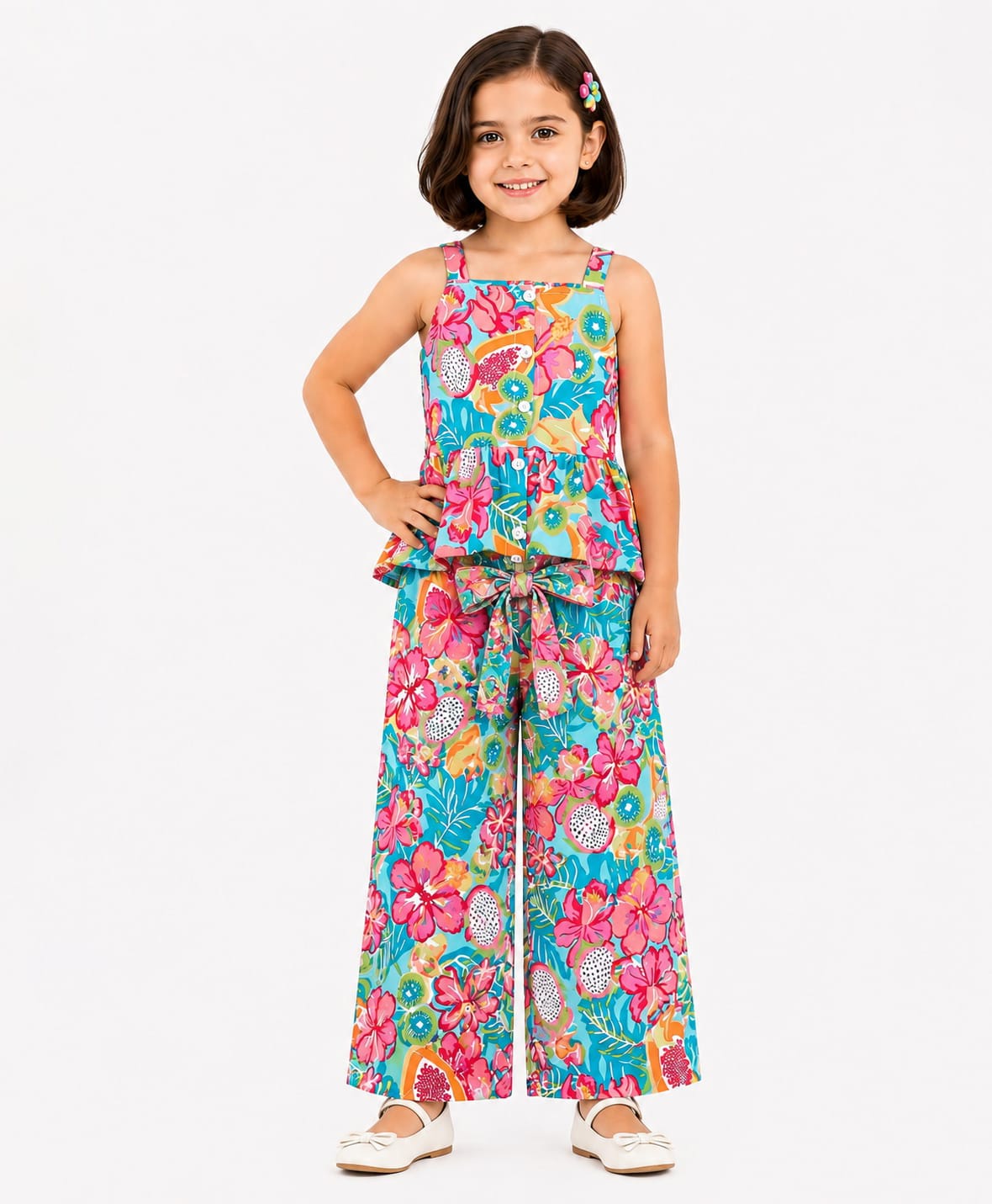 CrayonFlakes Rayon Woven Sleeveless Fruits & Floral Printed Coordinating Top With Belted Palazzo - Pink-image-27