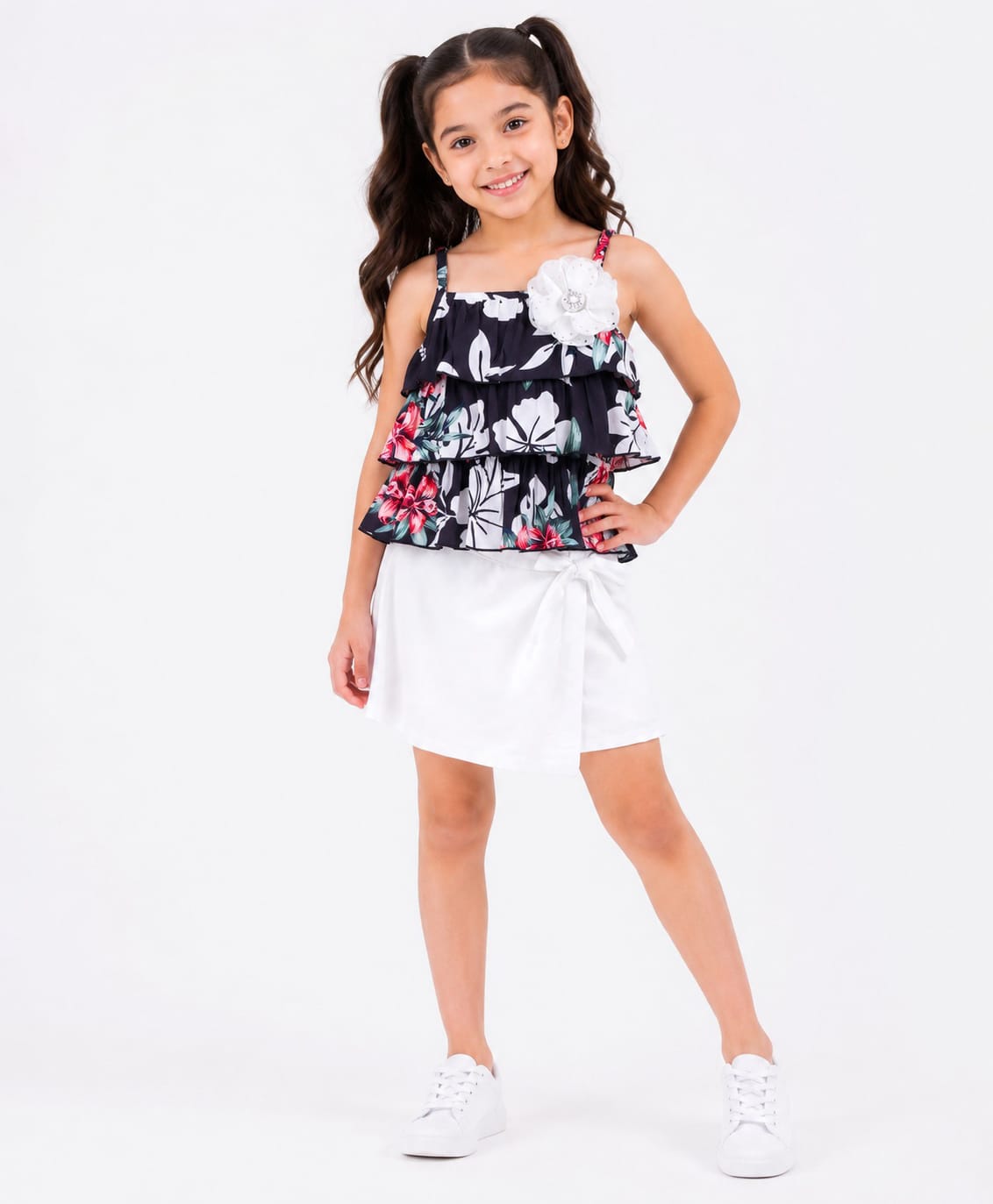 CrayonFlakes Rayon Knit Sleeveless Floral Applique Layered Crop Top & Shorts Set With Floral Print - Black-picture-30
