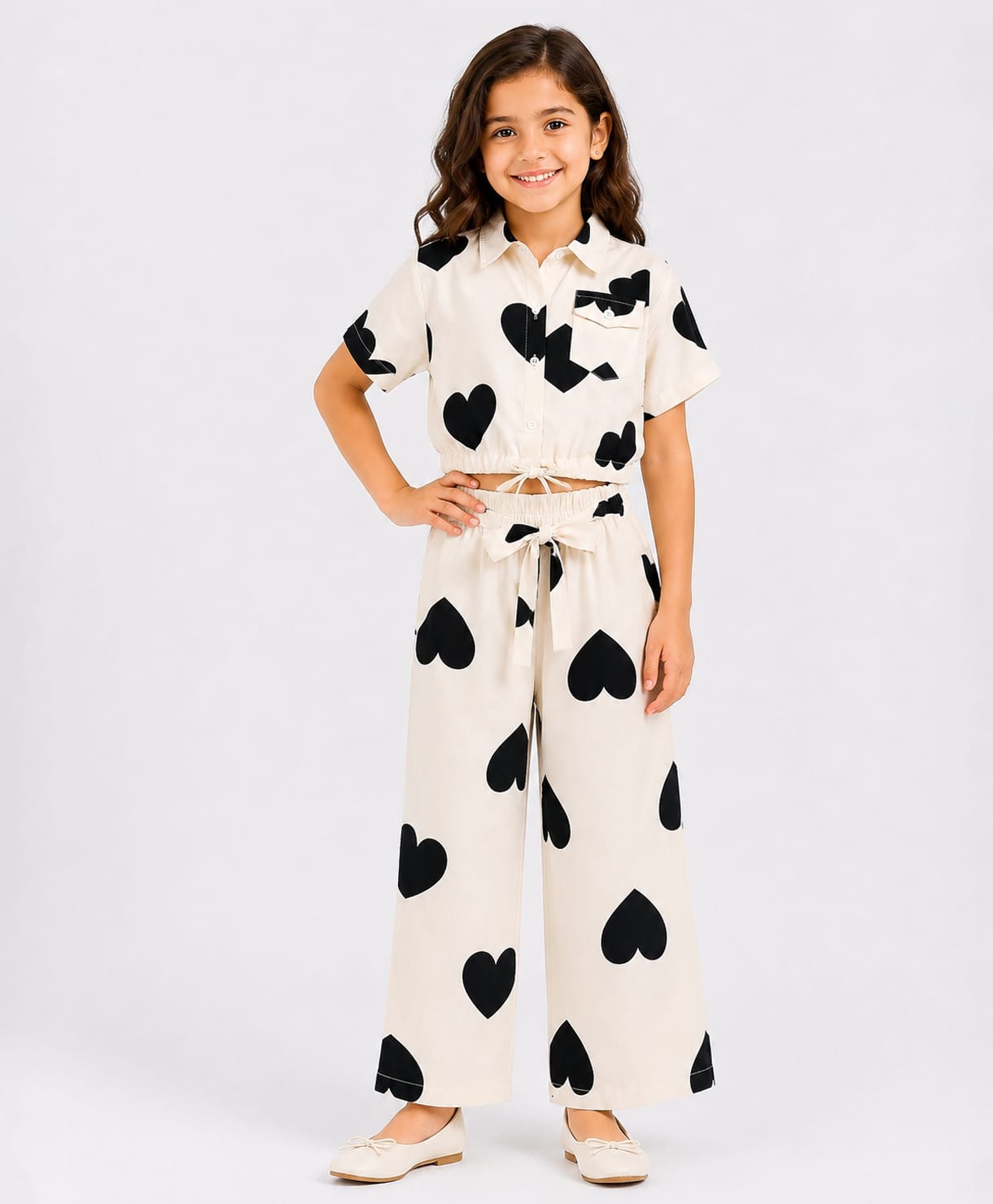 CrayonFlakes Rayon Woven Half Sleeves Hearts Printed Crop Top & Belted Palazzo Set - Off White-image-33