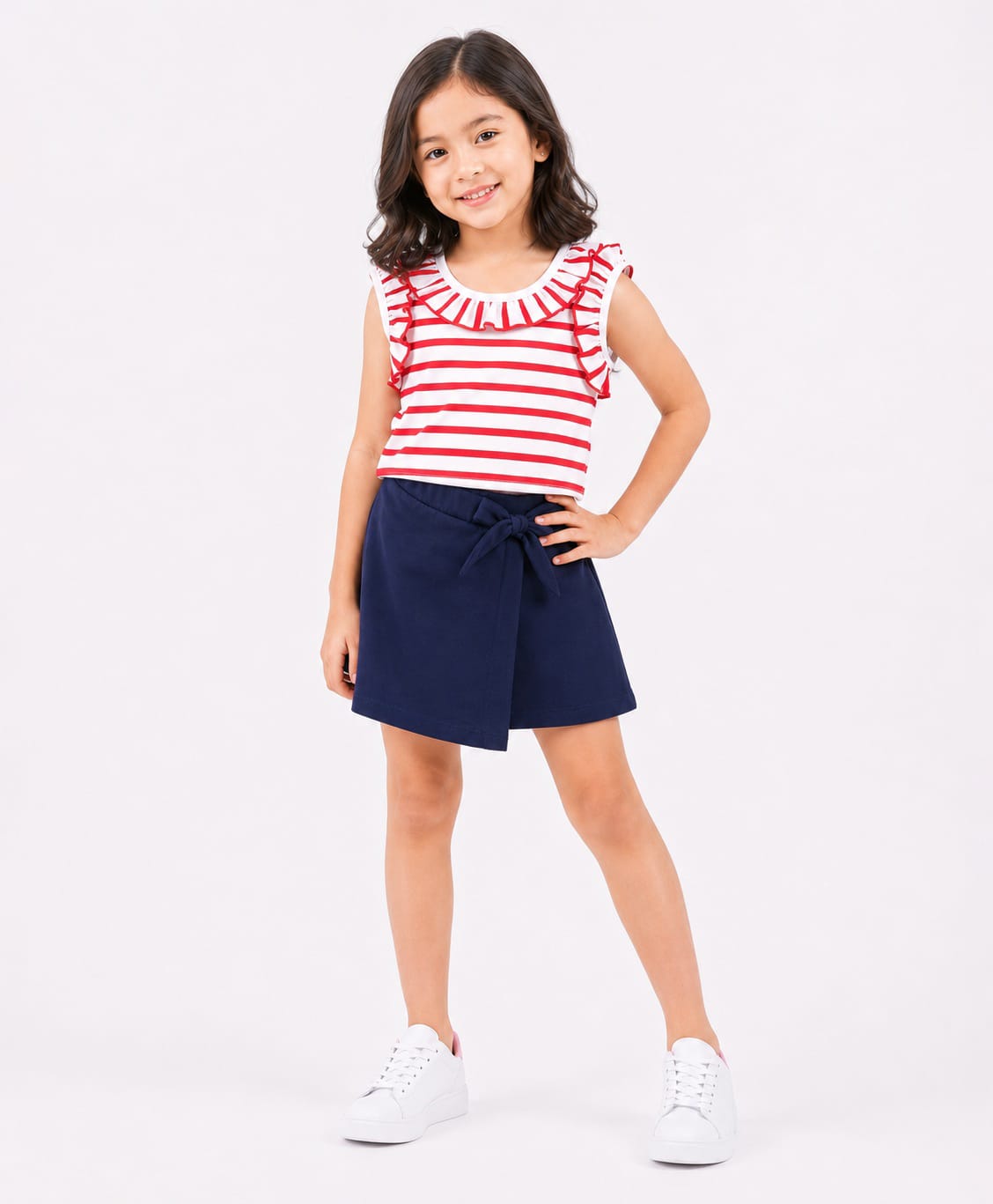 crayonflakes CrayonFlake Cotton Knit Sleeveless Frilled Candy Striped Top With Flapped Skort Set - Red-picture-24