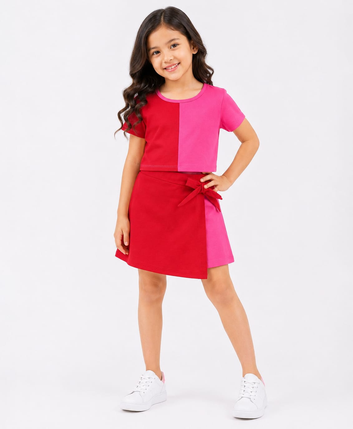 CrayonFlakes Cotton Lycra Knit Half Sleeves Colour Block Coordinating Crop Top & Skort Set - Red-picture-32