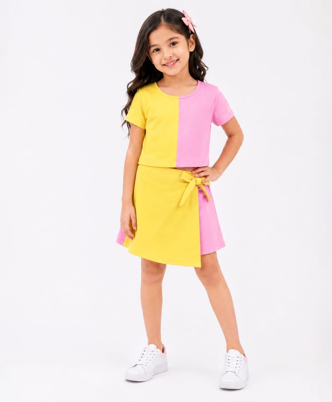 CrayonFlakes Cotton Lycra Knit Half Sleeves Colour Block Coordinating Crop Top & Skort Set - Pink & Yellow-picture-26